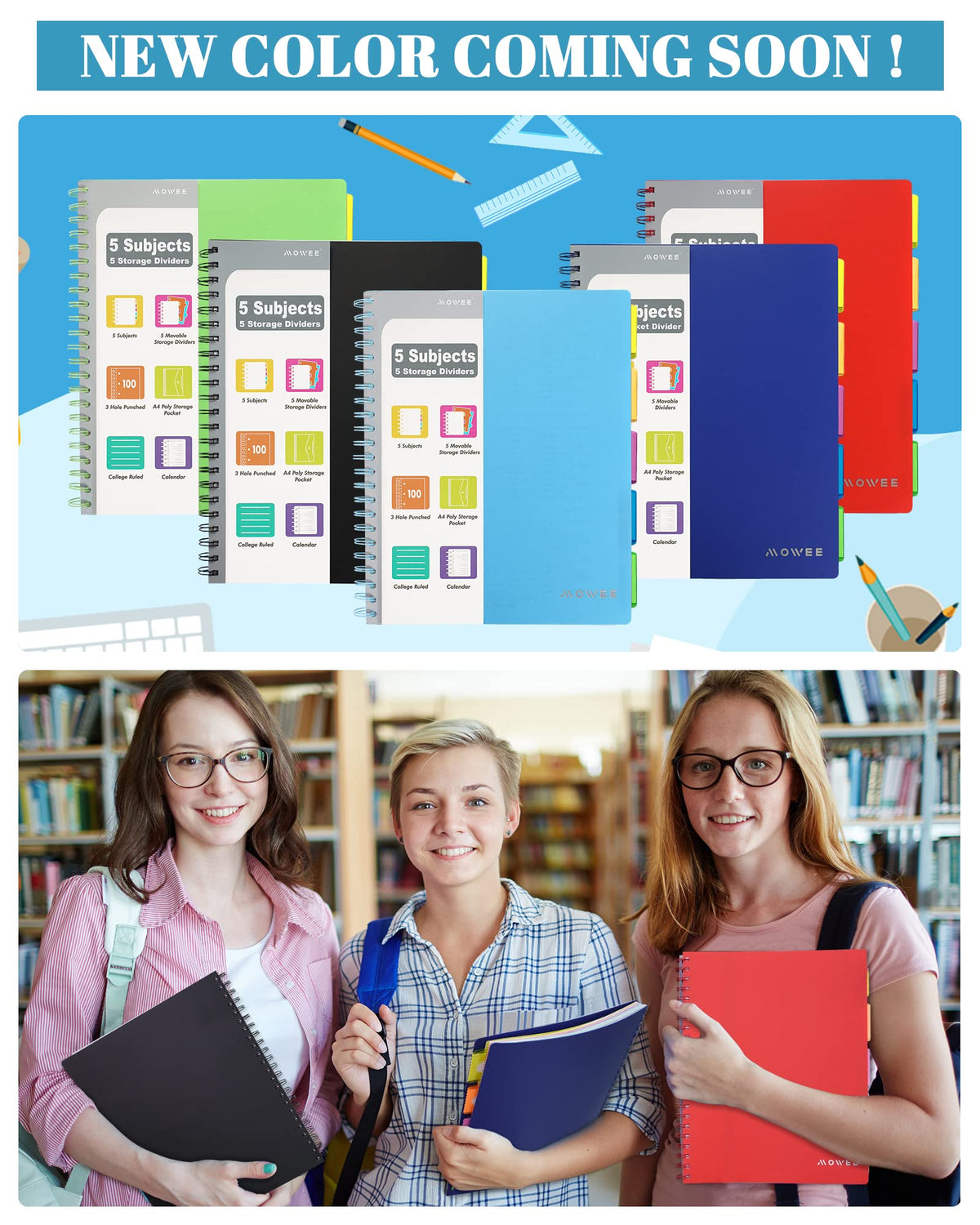 MOWEE 5-Subject Spiral Notebook, College Ruled, with Pocket & Tab Dividers