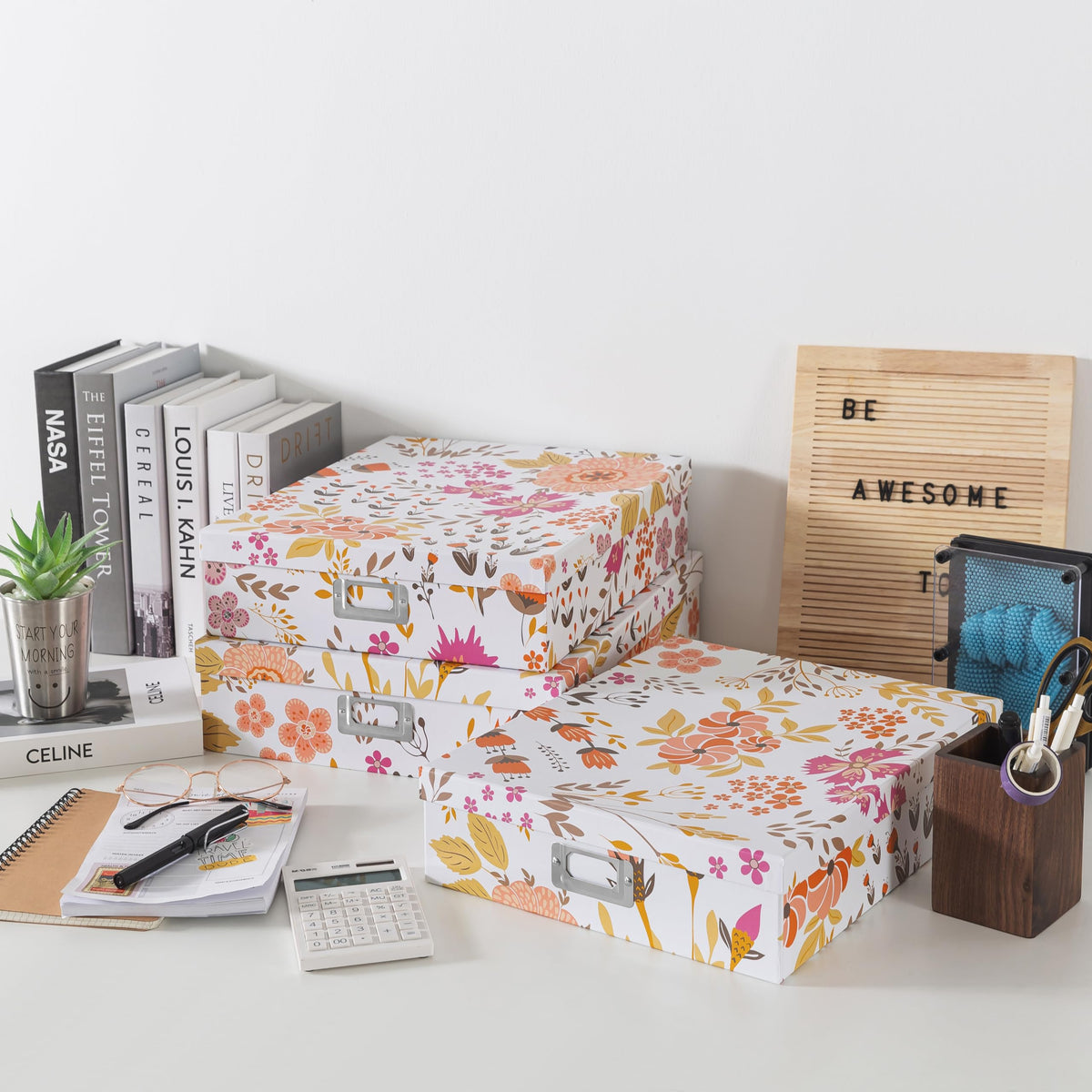 Soul & Lane - Keepsake Storage Boxes with Lids, Set of 3, Floral Collage