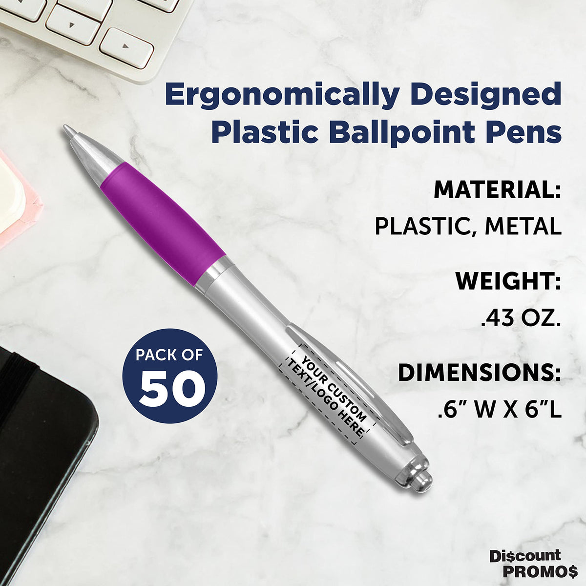 Personalized Ballpoint Pens with Rubber Grip and Click Button, Pack of 50 by DISCOUNT PROMOS