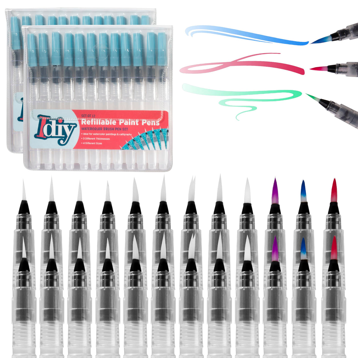 Refillable Watercolor Brush Pens Set of 24 – Water Brush Pens with 3 Tip Sizes (3mm, 4mm, 5mm)