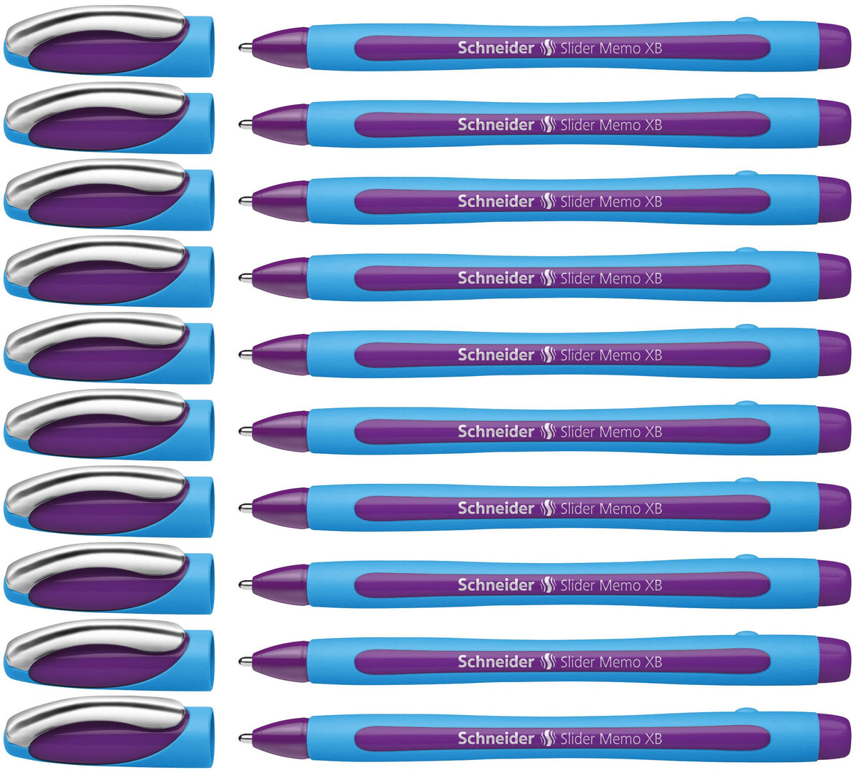 Schneider Slider Memo XB (Extra Broad) Ballpoint Pen, 1.4 mm, Light Blue Barrel, Violet Ink, Box of