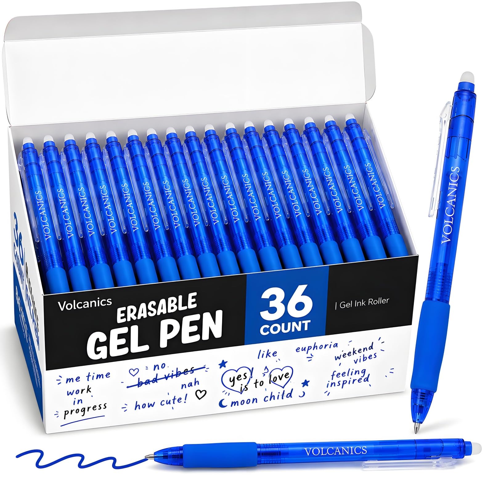 Volcanics Retractable Clicker Erasable Gel Pens, Blue Ink, 0.7mm, 36 Pack