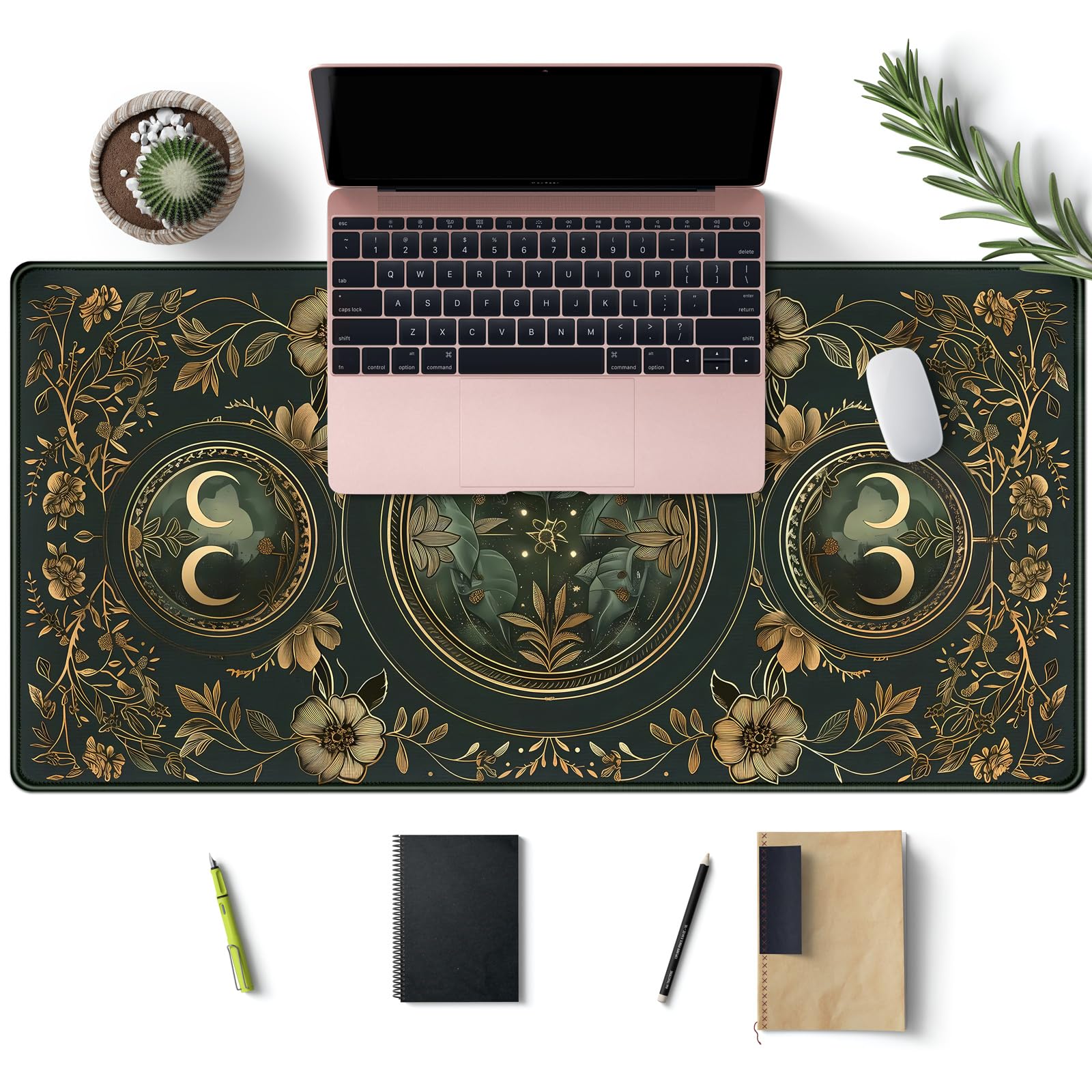 Celestial Art Nouveau Botanical Desk Mat Gold Moon Large Mouse Pad Emerald Vintage Big Gaming