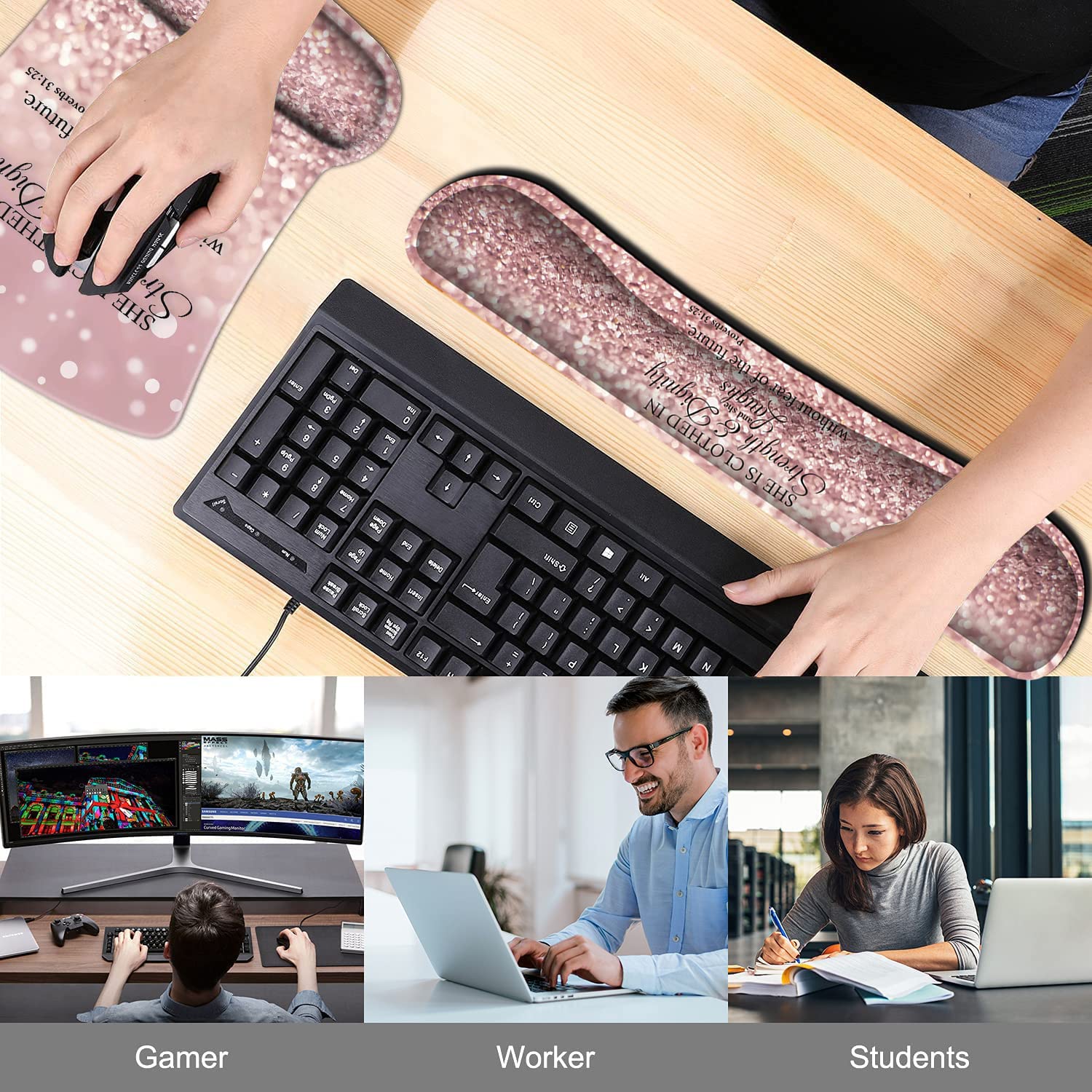 Keyboard Wrist Rest Pad and Ergonomic Mouse Pad Wrist Support Set Proverbs 31:25 Bible Verse Pink