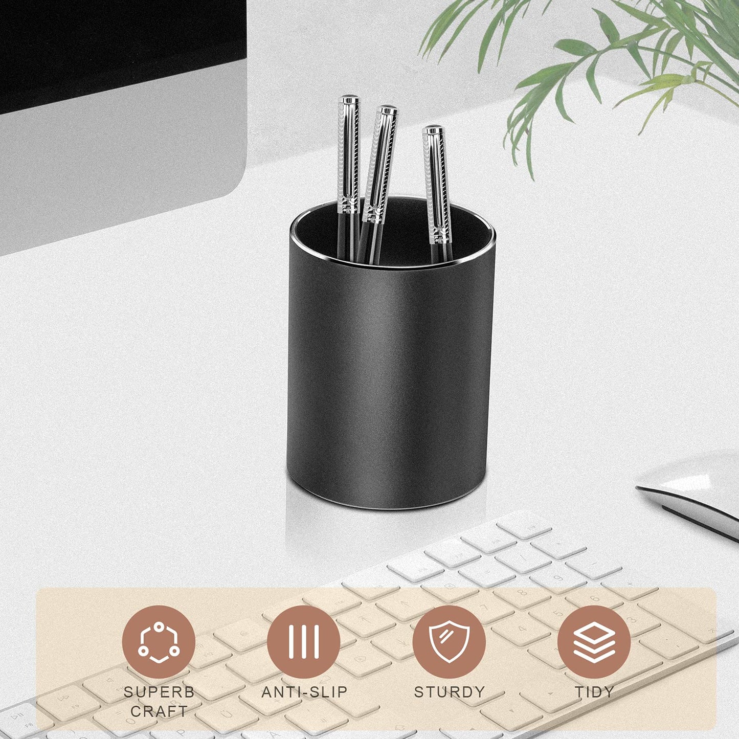 Vaydeer Metal Pen Holder Aluminum Pencil Holder for desk, Round Desktop Organizer and Black Pencil