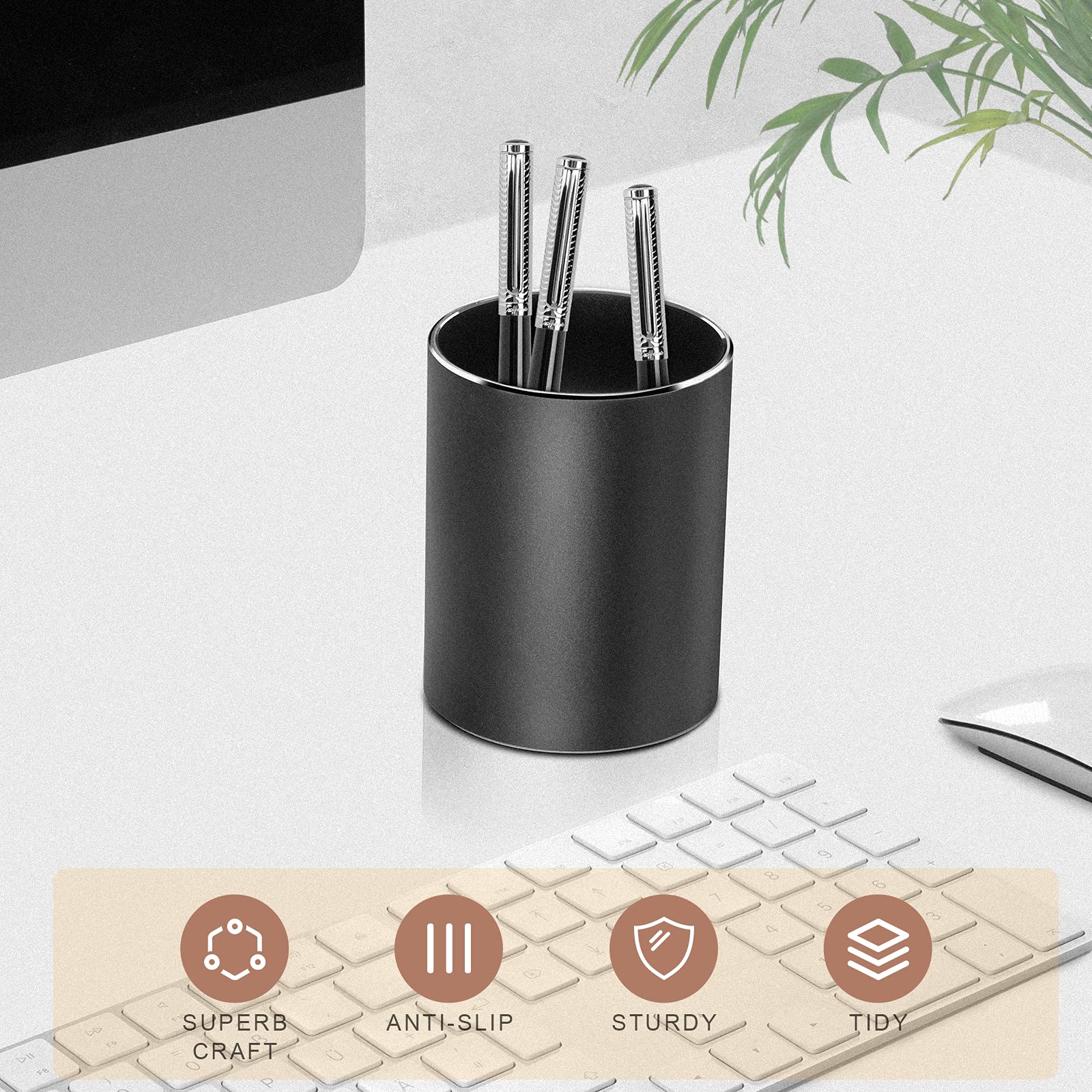 Vaydeer Metal Pen Holder Aluminum Pencil Holder for desk, Round Desktop Organizer and Black Pencil