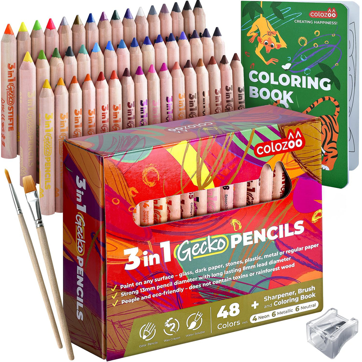 colozoo 3 In 1 Color Pencil Set for Kids | 48 Colored Pencil for Toddlers. Fat Coloring Pencils