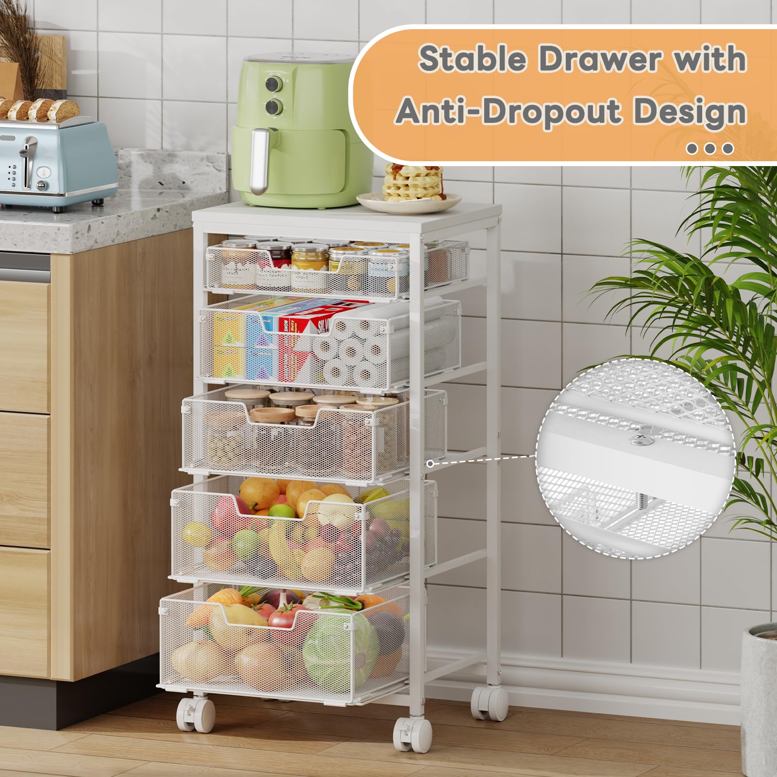 Kitchen Storage Cart with Wheels, 5-Tier Fruit Vegetable Storage Cart, Kitchen Organizer and