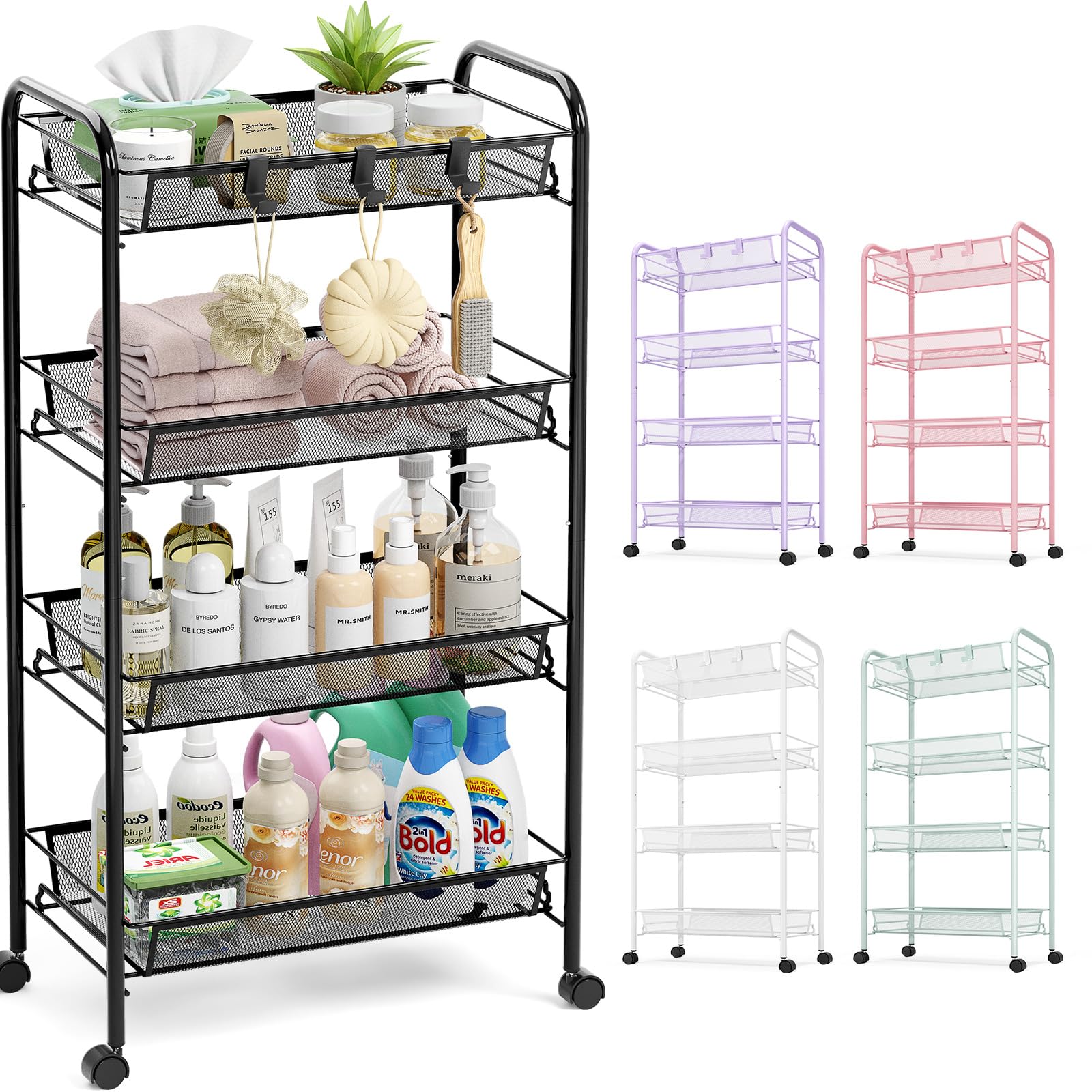 TOOLF 4-Tier Rolling Cart, Metal Utility Cart with 3 Hooks, Easy Assemble Mobile Storage Trolley On