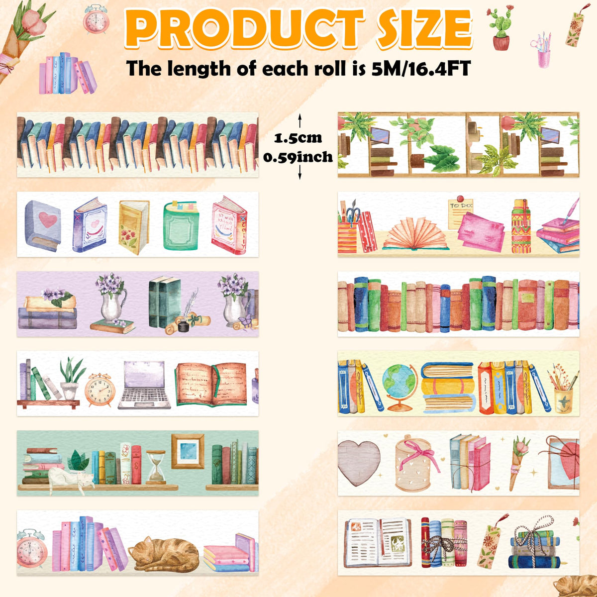 BkeeCten 24Roll Lover Book Coffee Study Library Bookshelf Themed Washi Tape