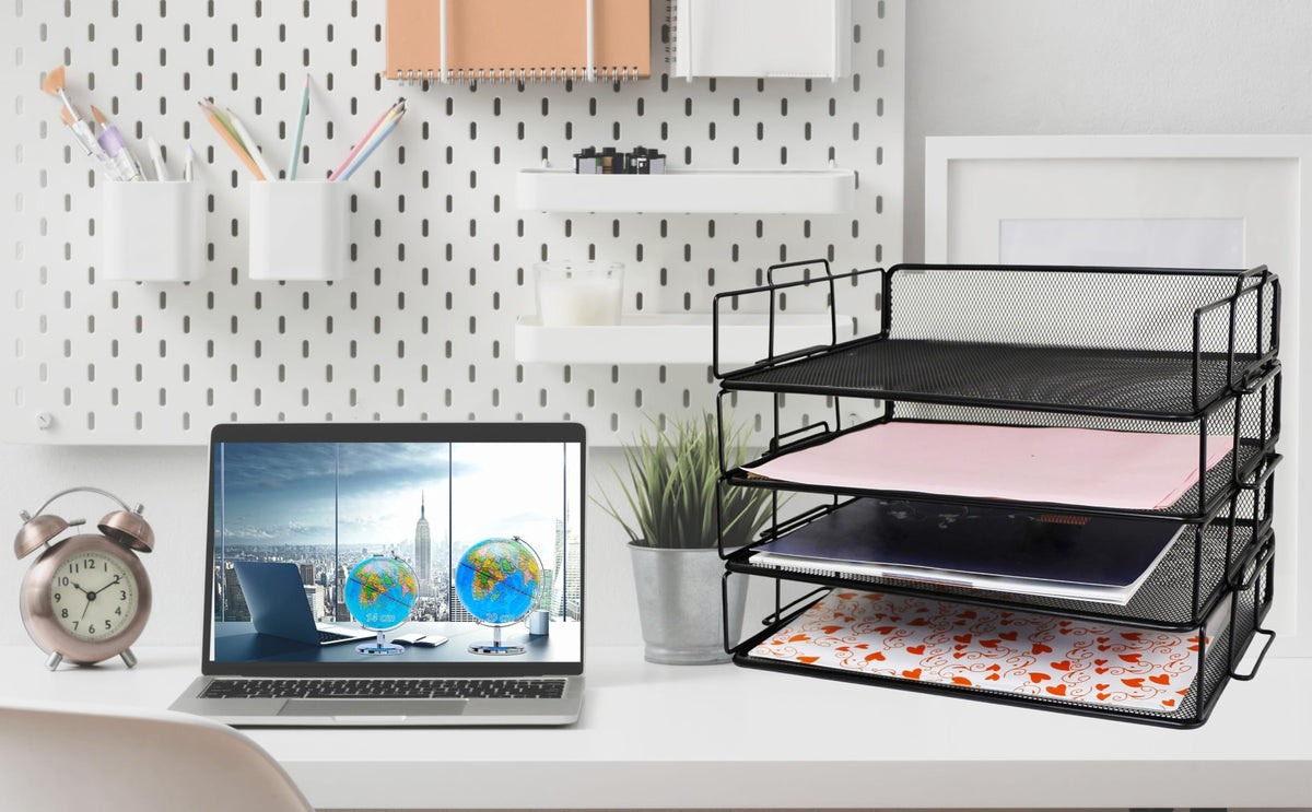 Exerz Letter Trays 4pcs Black Paper Sorters Stackable, 4 Tiers File Trays, Desk Organizer - Metal