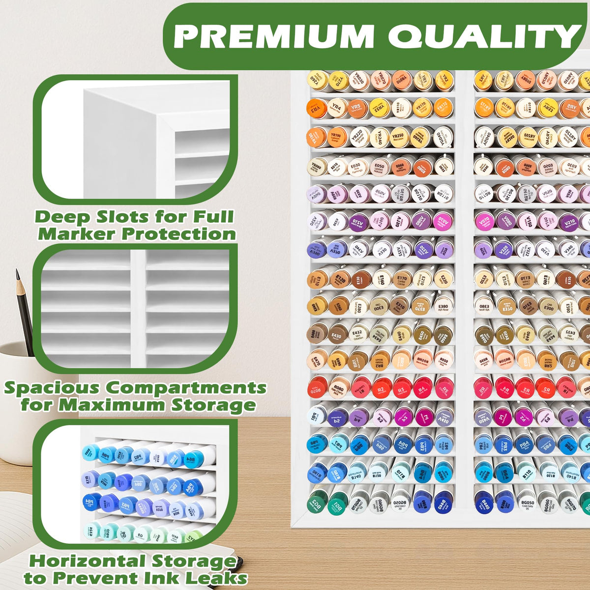 PROLEE Marker Organizer for 224 Markers, Wooden Alcohol Marker Holder with 32 Compartments
