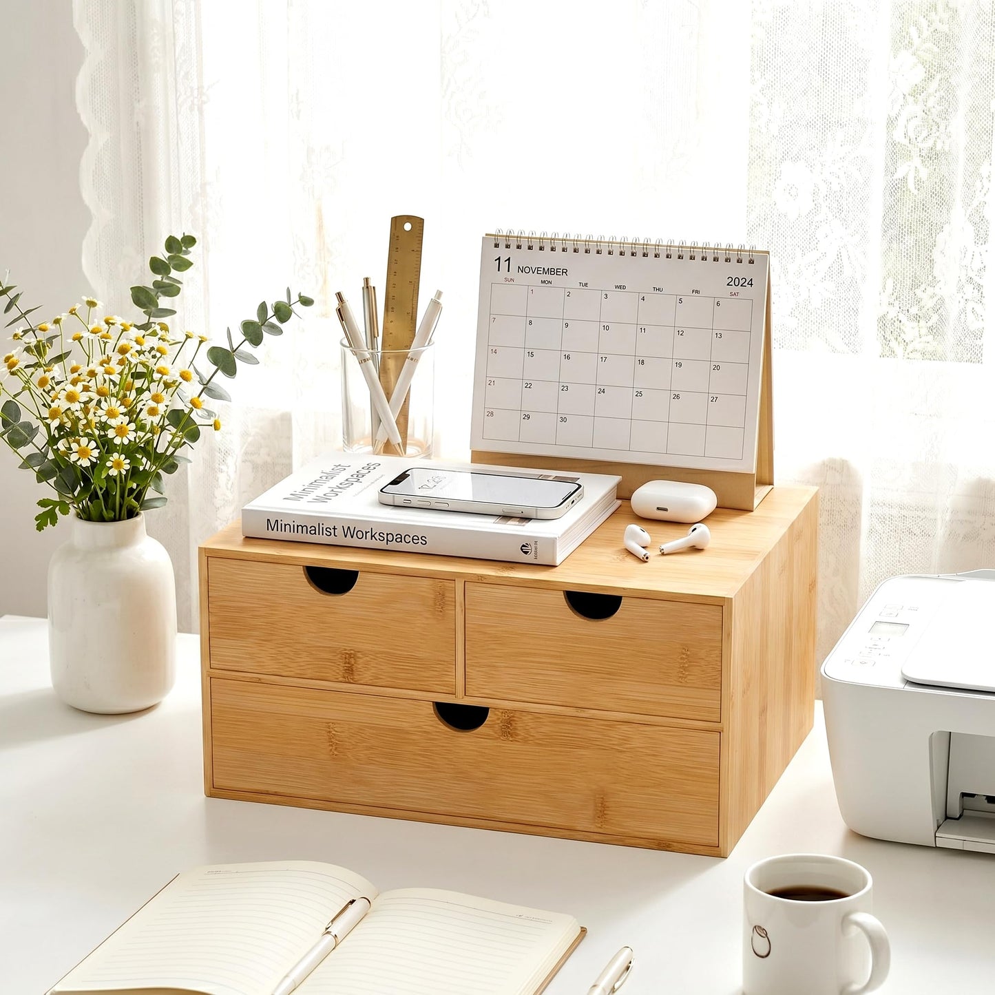 Bamboo Desk Organizer with Drawers, Desktop Storage for Office Supplies