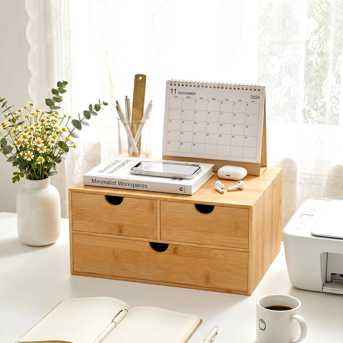 Bamboo Desk Organizer with Drawers, Desktop Storage for Office Supplies