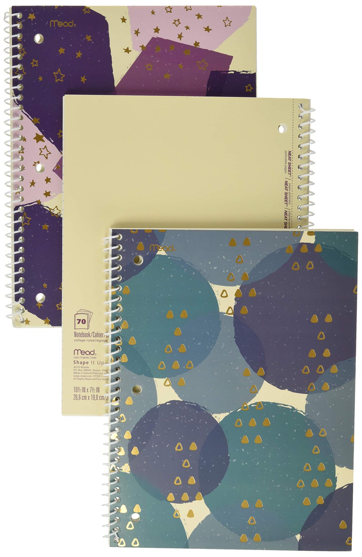Mead Spiral Notebooks, 1 Subject, College Ruled Paper, 70 Sheets, 10-1/2" x 7-1/2", Shape It Up