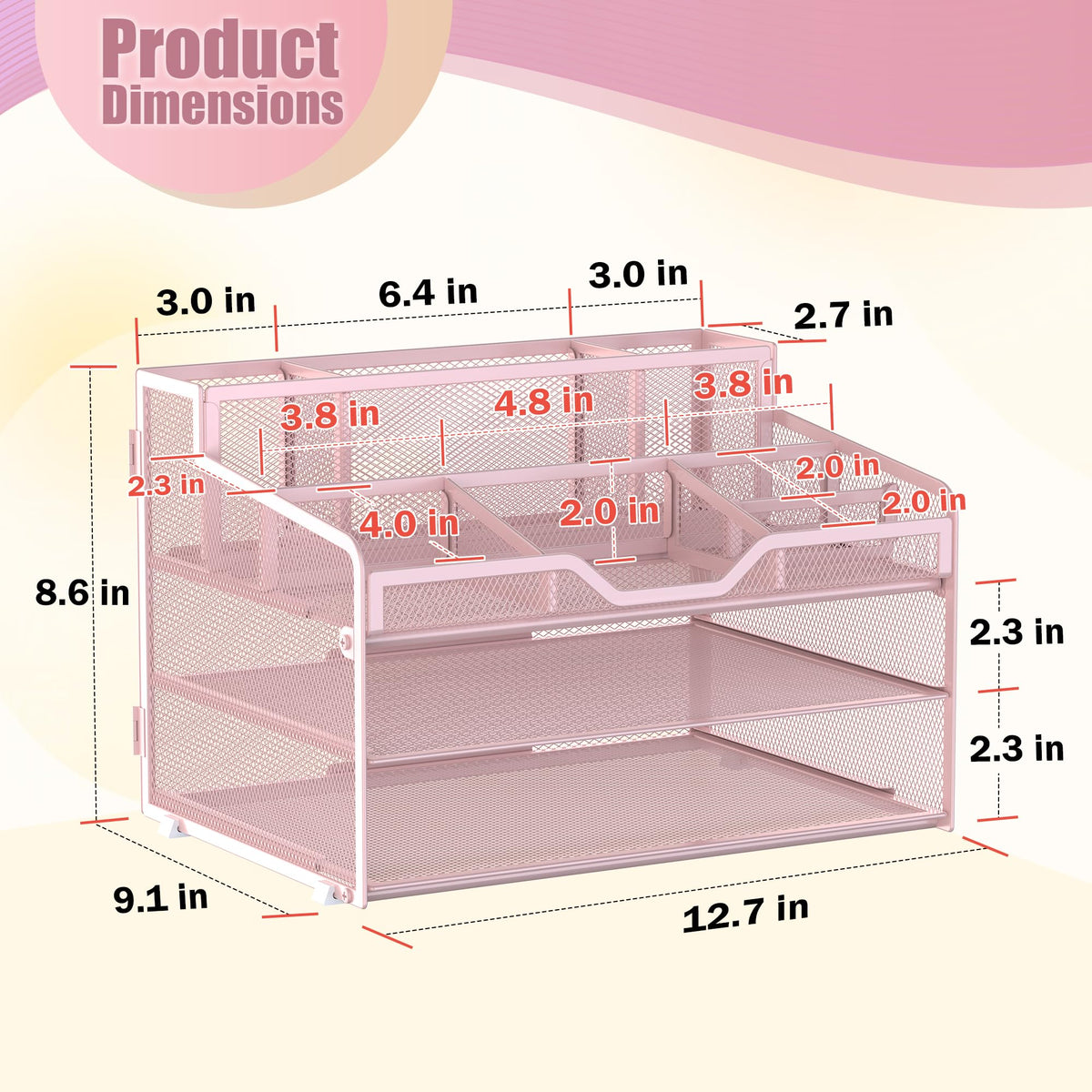 Docnest 3 Tier Mesh Desk Organizer with Letter Tray & Paper Sorter, Pink