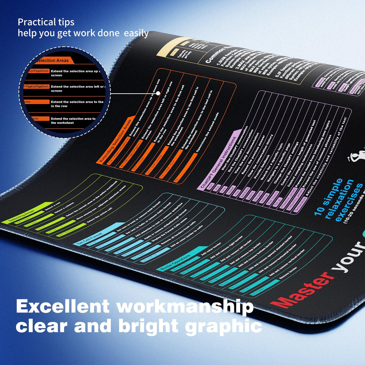 Excel Cheat Sheet Desk pad—Contains 9 Major Excel Function modules XXL Size