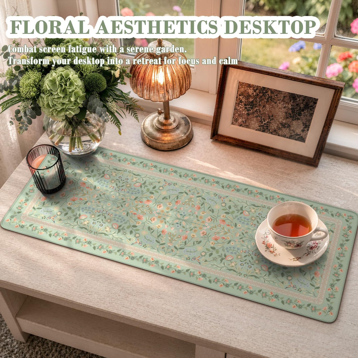 iCasso Aesthetic Floral Desk Mat,31.5x11.8in Mouse Pads,Light Green