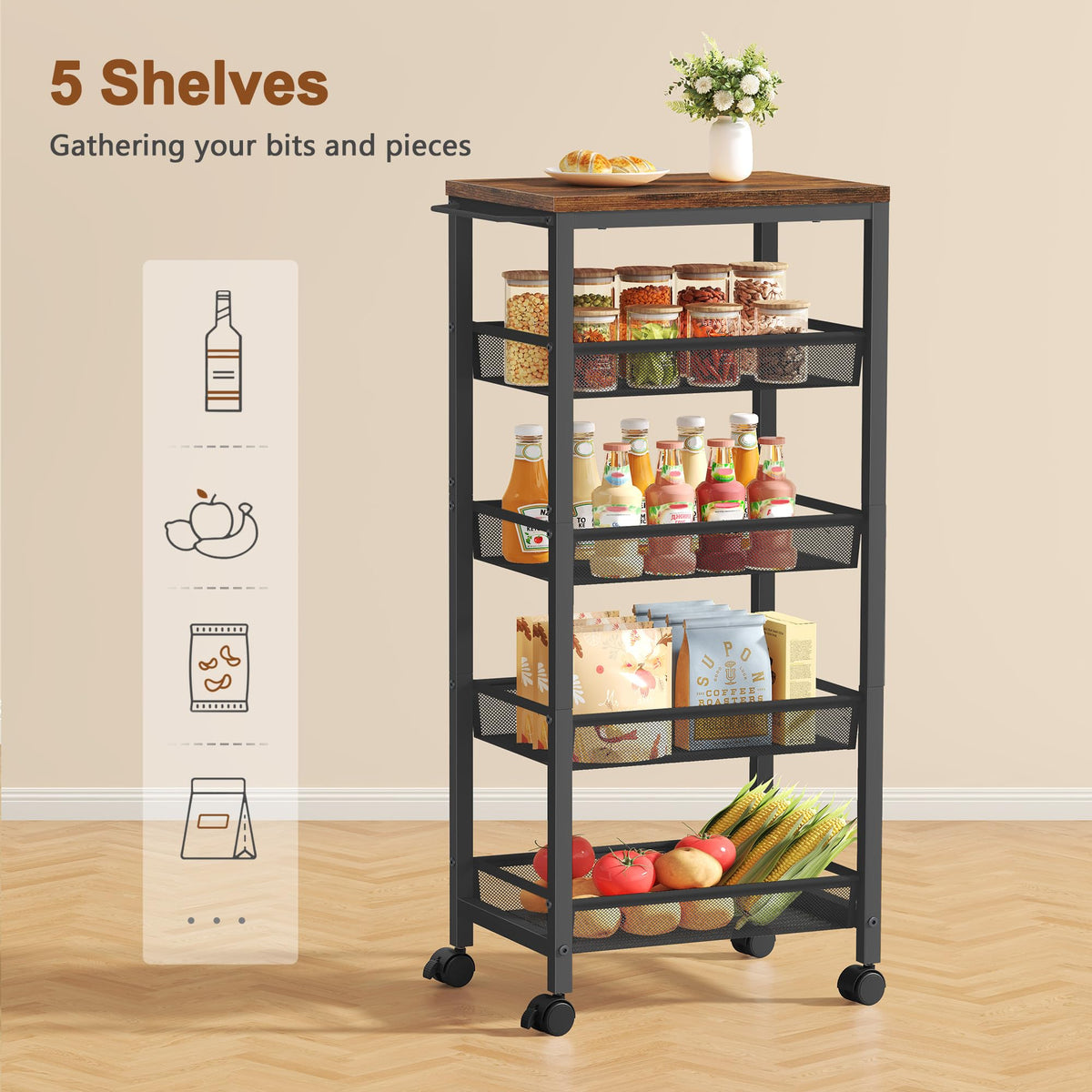Hoctieon Rolling Storage Cart, 5-Tier 11.8" Wide Panel Kitchen Storage Cart, Utility Carts with