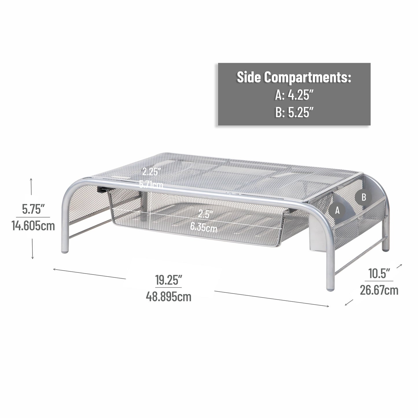 Mind Reader Monitor Stand, Ventilated Laptop Riser, Paper Tray, Storage, Office, Metal Mesh, 20"L x