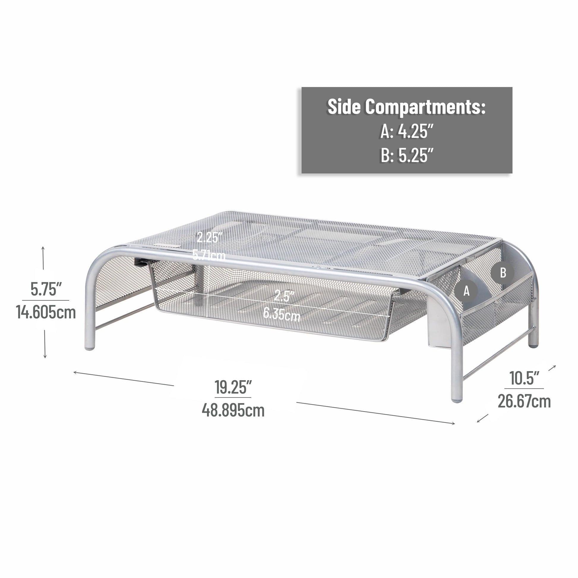Mind Reader Monitor Stand, Ventilated Laptop Riser, Paper Tray, Storage, Office, Metal Mesh, 20"L x