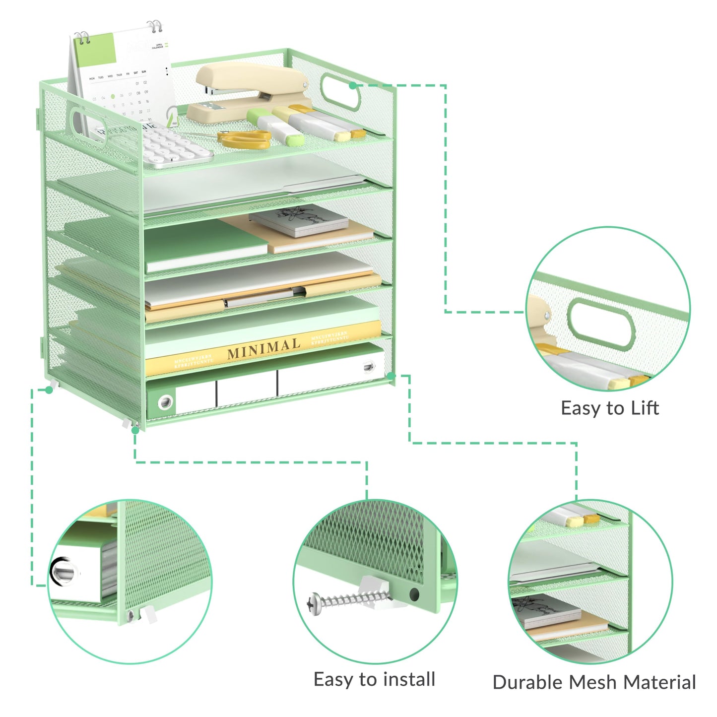 Daltack 6-Tier Paper Organizer for Desk with Handle, Green, 2 Pack