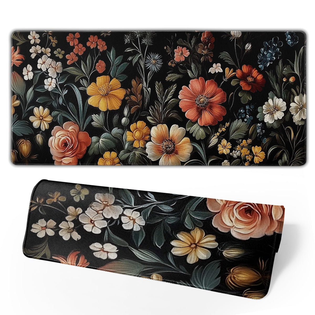 Large Floral Mouse Pad Extended Gaming Mousepad 31.5"x11.8" Vintage Aesthetic Black Desk Mat Flower
