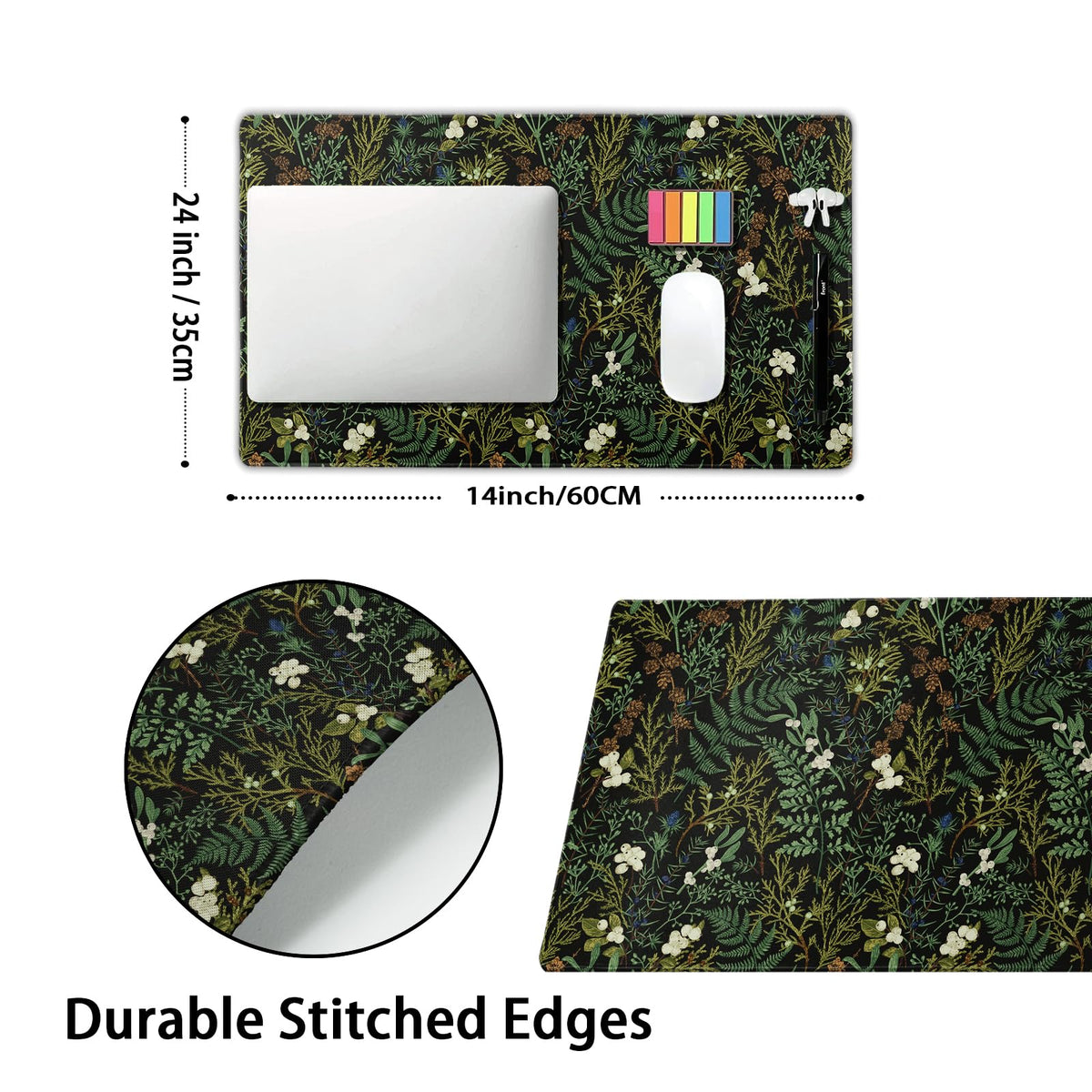 Black Aesthetic Vintage Botanical Gaming Mouse Pad Large XL Cute Forest Green Plant Nature Floral