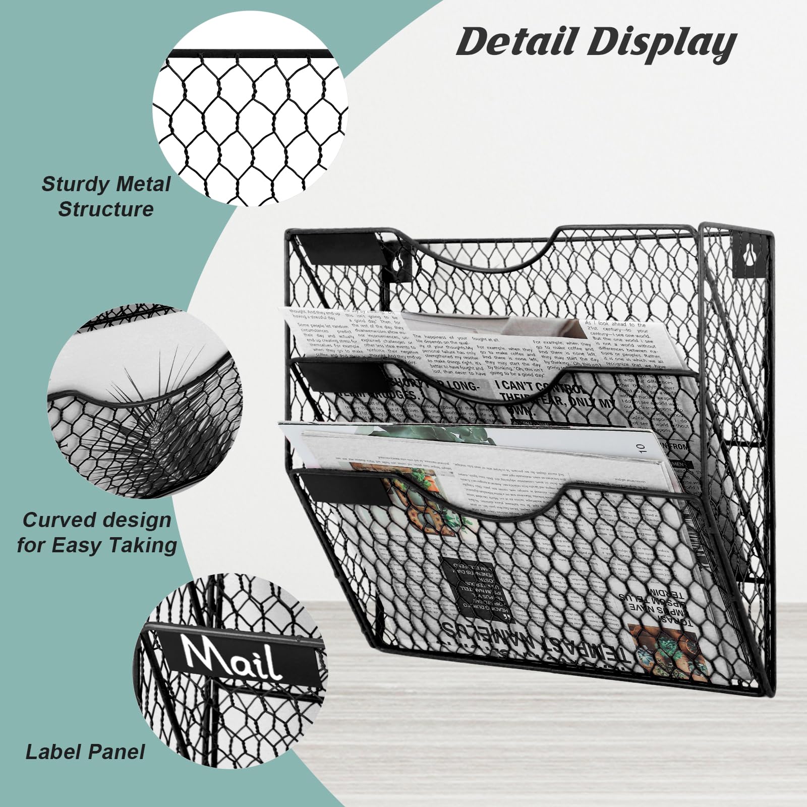 EASEPRES Mail Organizer Wall Mount Hanging File Holder Storage, Metal Chicken Wire Magazine Rack 3