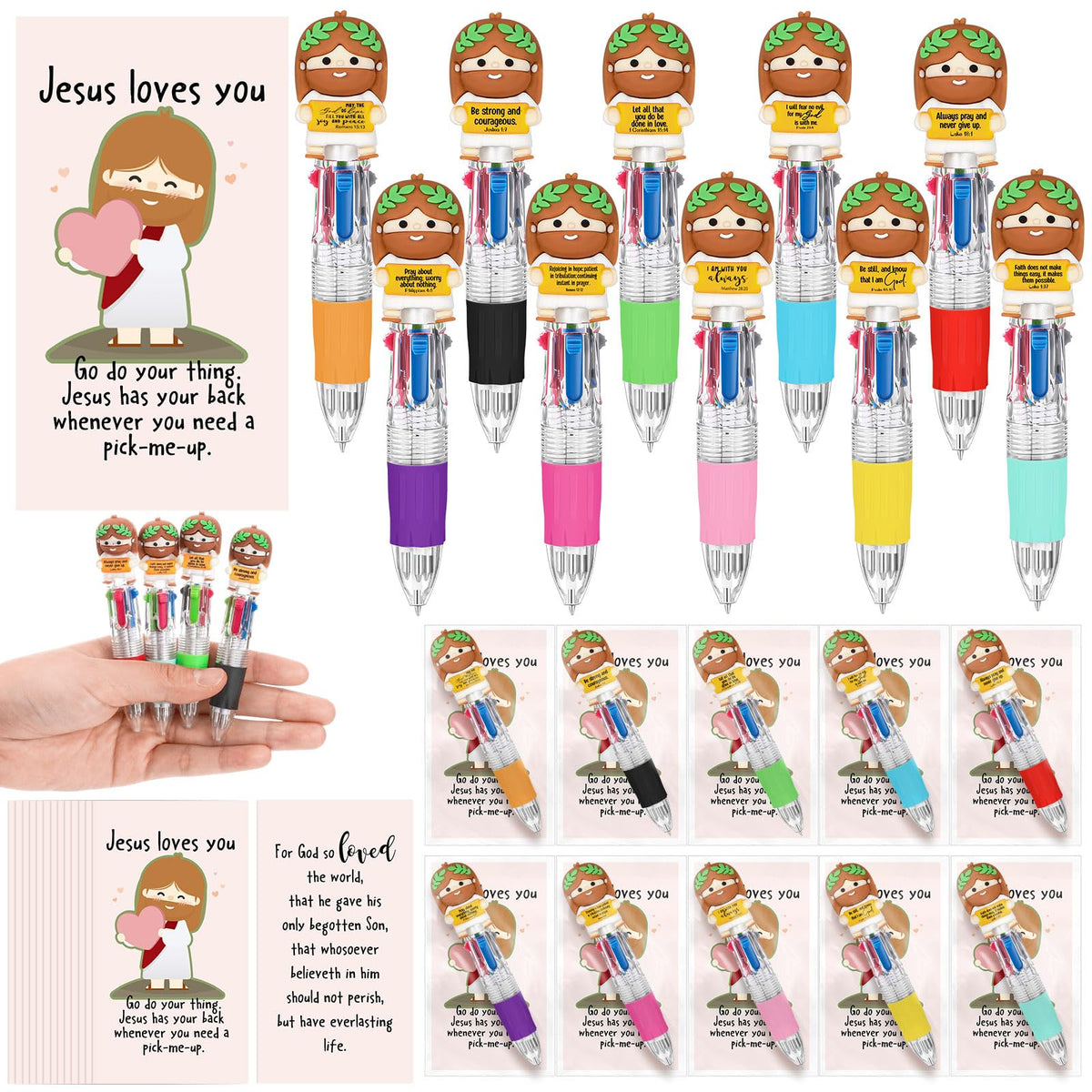 Sayglossy 30 Sets Little Jesus Pens Bulk, 4-in-1 Christian Pens with Cards