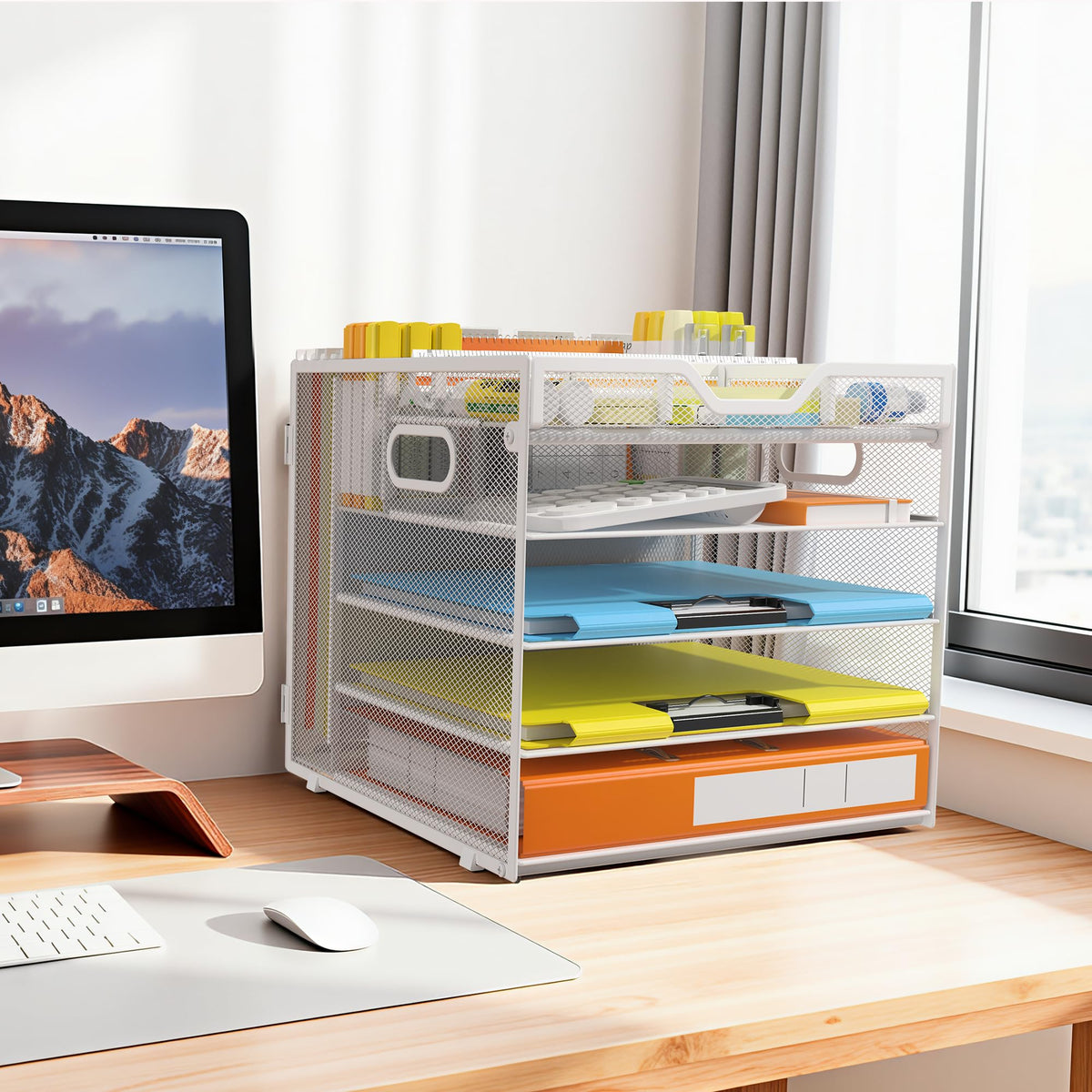 Docnest 5 Tier Desk Organizer with Hanging File Folder Holder&Tray, White