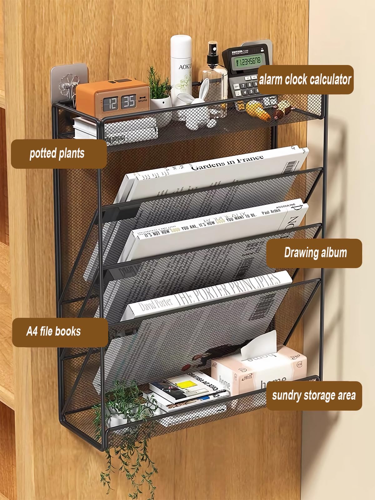 ZNMYDMT 5 Tier Mesh Wall File Organizer,3 Pockets vertical Mount Hanging Organizer with Top/Bottom