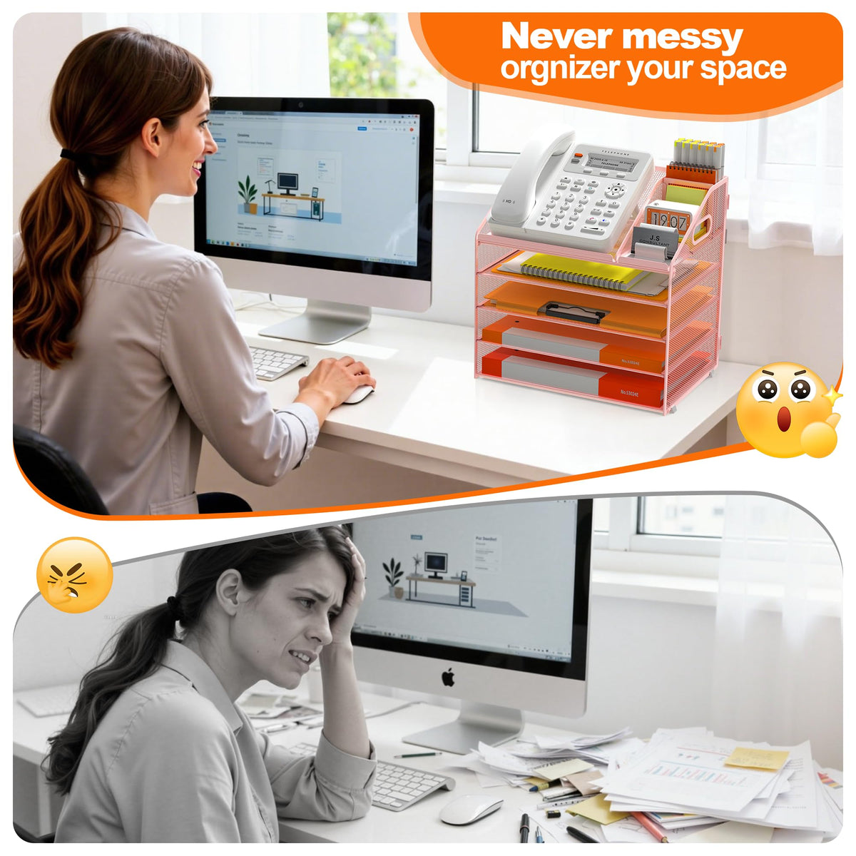 DocNest 5 Tier Metal Mesh Desk File Organizer with Phone Shelf, Pink