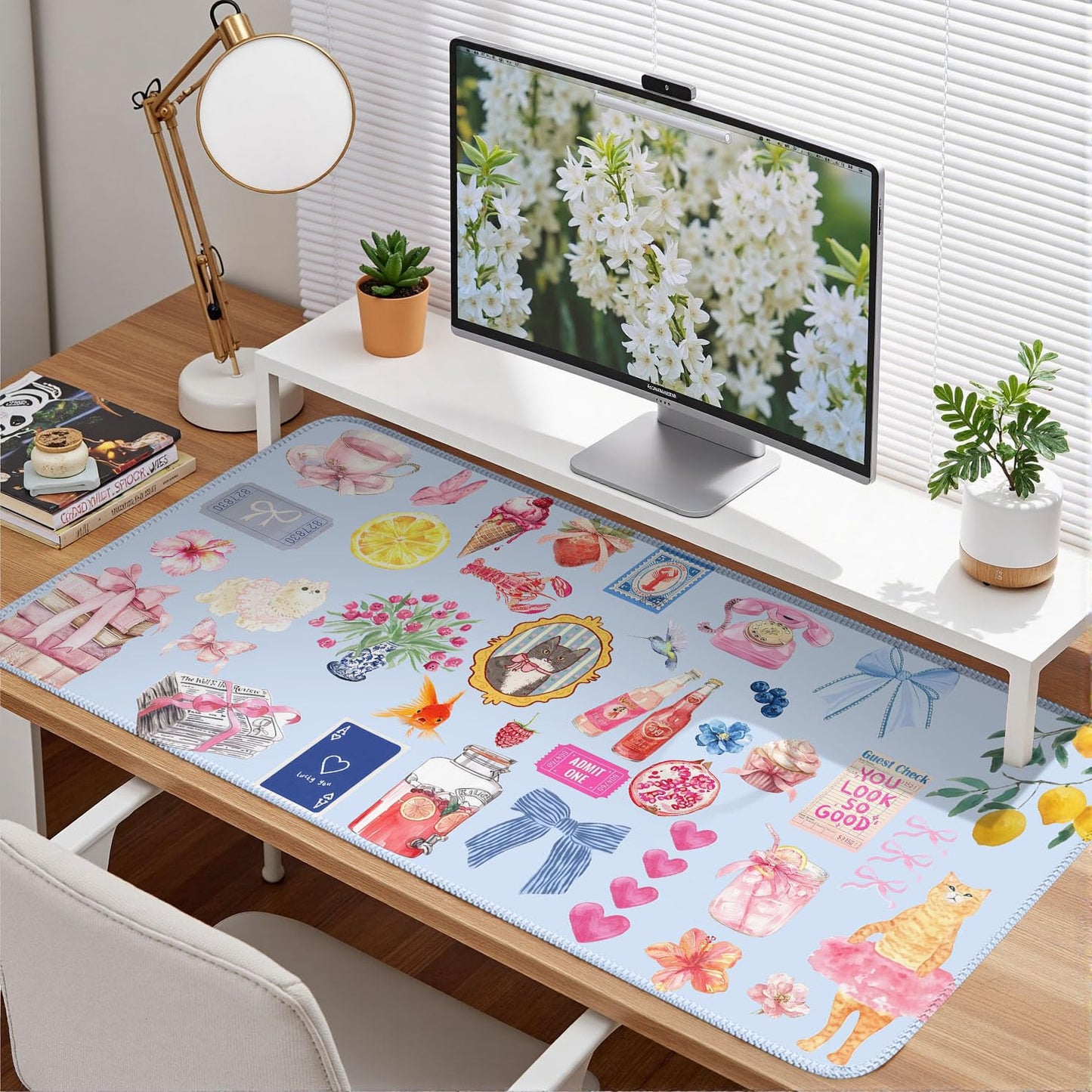 Cute Blue Desk Mat Kawaii Cat Mouse Pad Retro Vintage Large XXL Mousepad Computer Keyboard Laptop