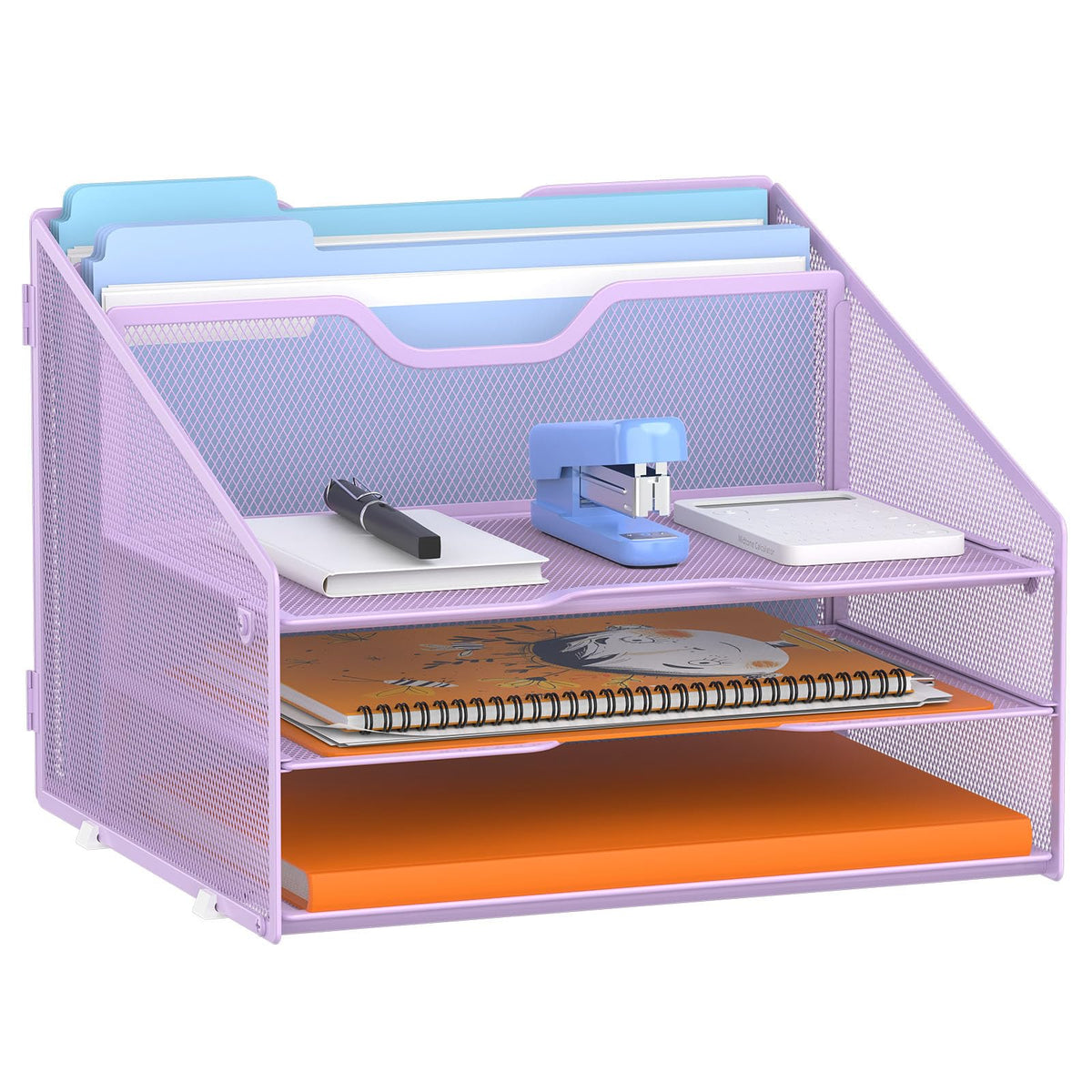 GAWERK Letter Tray Organizer, Mesh Desk File Organizer with 3 Paper Trays and 2 Vertical Upright