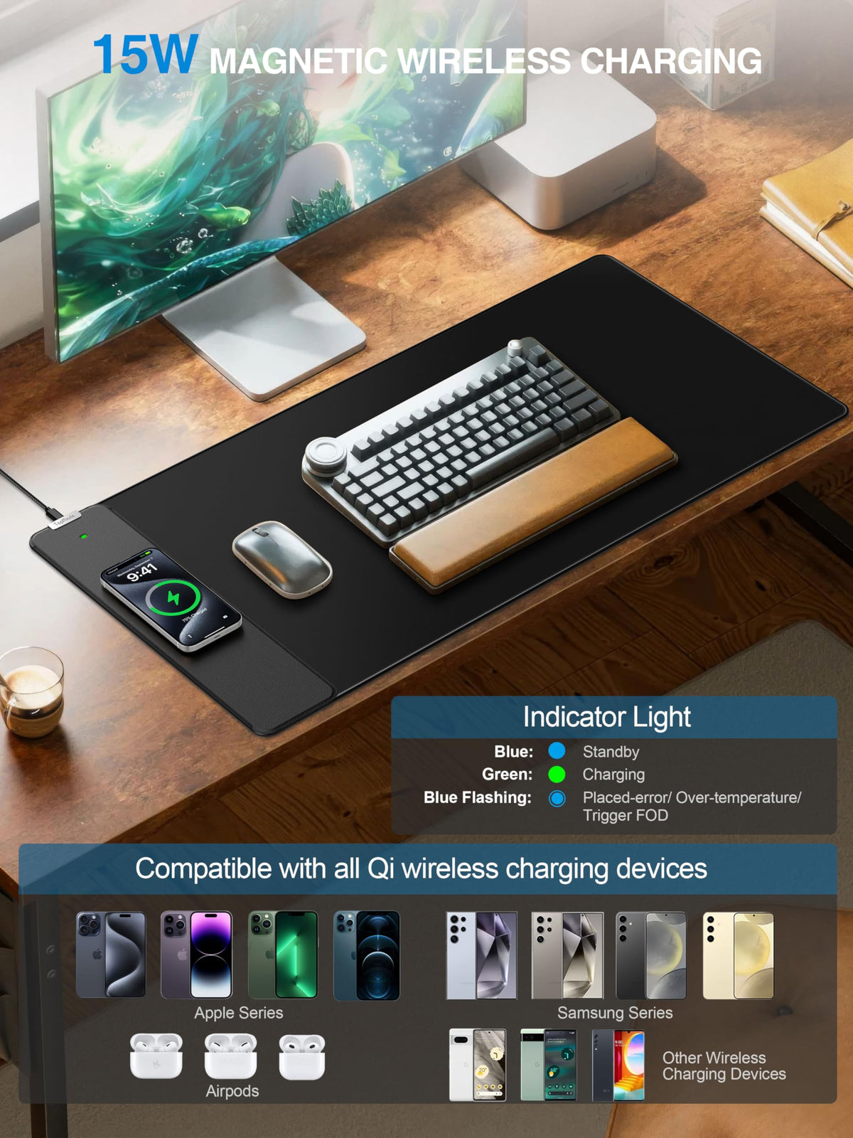 TopMade Wireless Charging Mouse Pad, 31.5"x15.8" XXL Large Desk Mat, Black