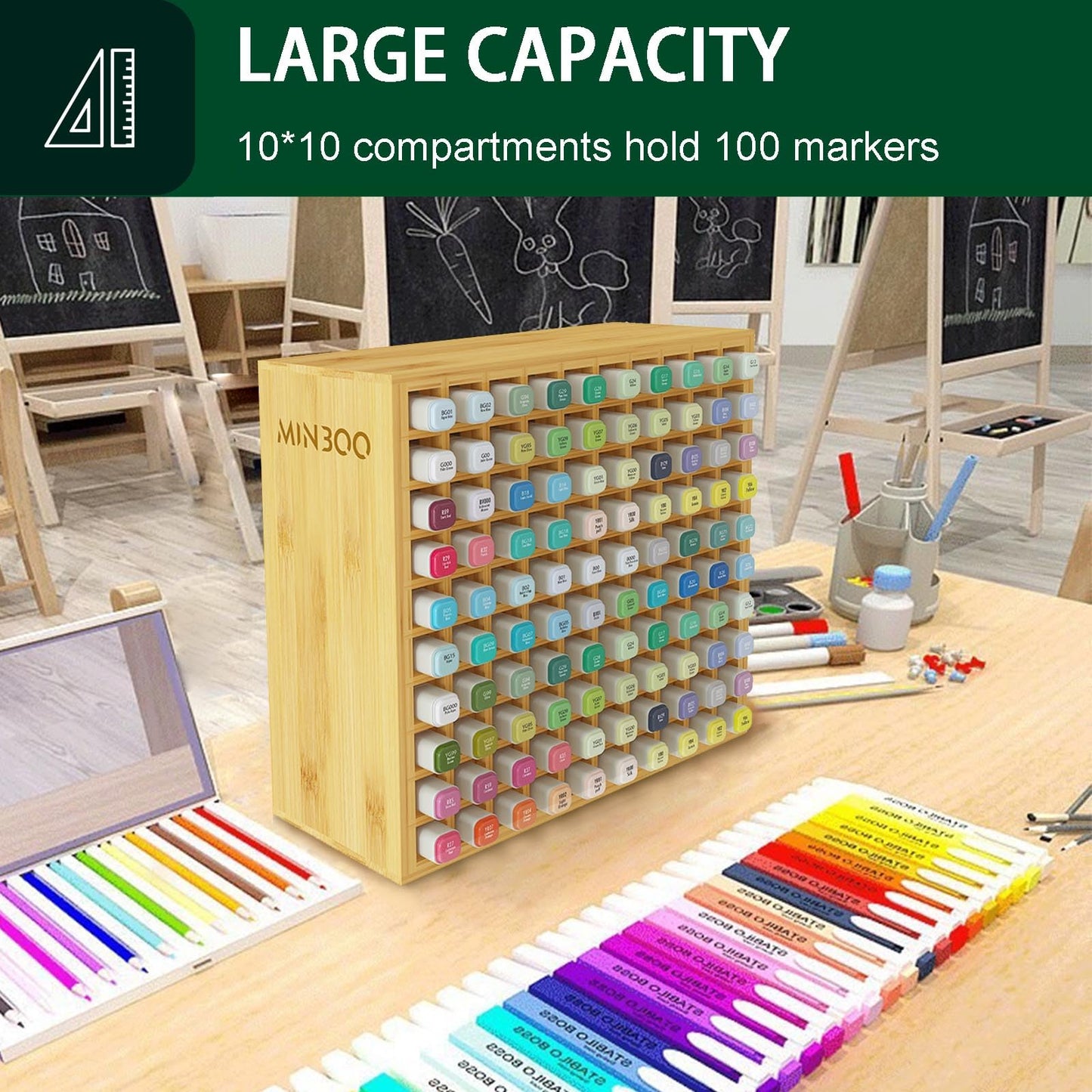 MinBoo Art Marker Storage Organizer for 100 Markers, Bamboo Art Supply Rack, Pens Color Pencils