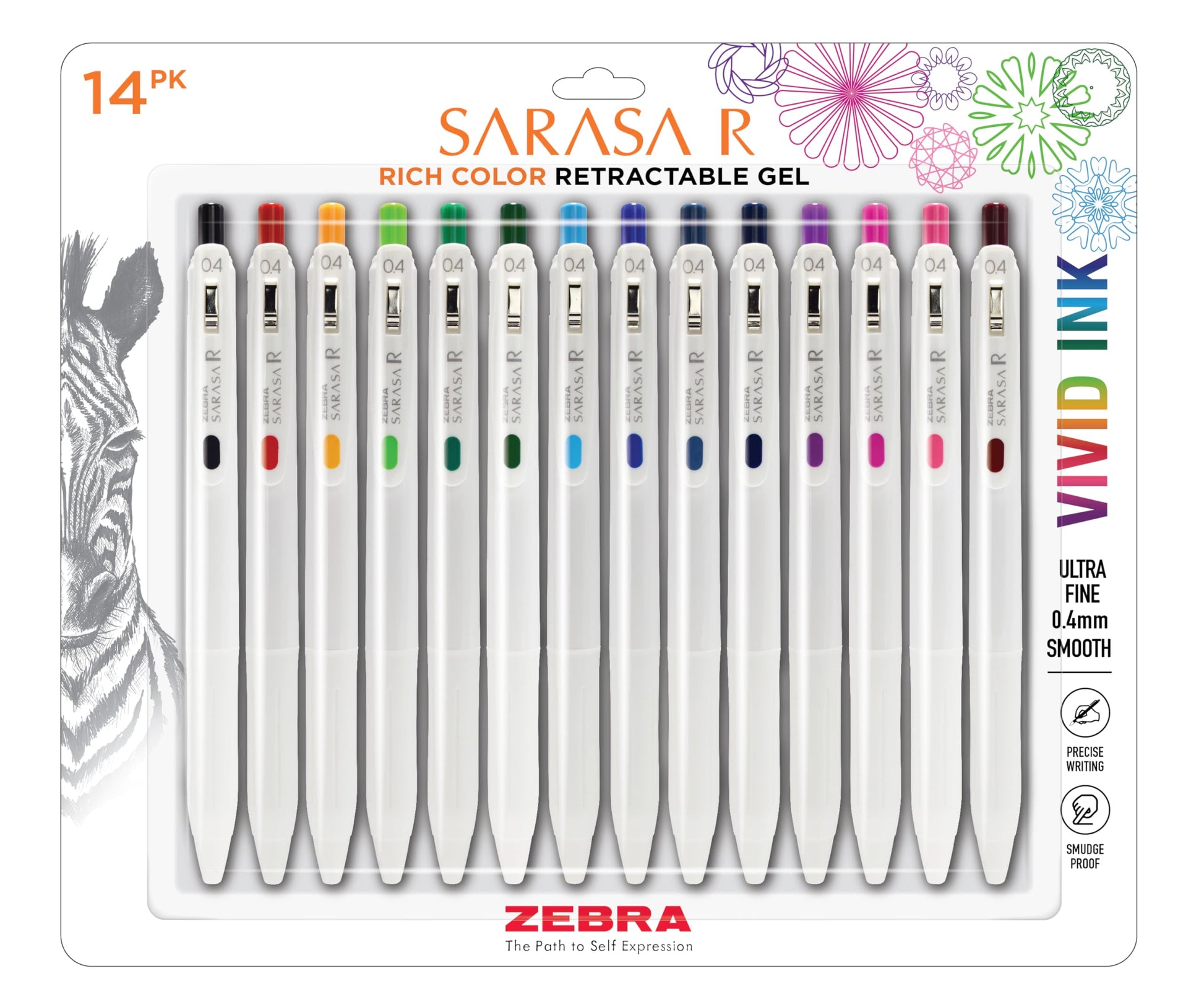 Zebra Pen SARASA R Vivid Gel Retractable Pen, Assorted Ink, 0.4mm, 14-Pack