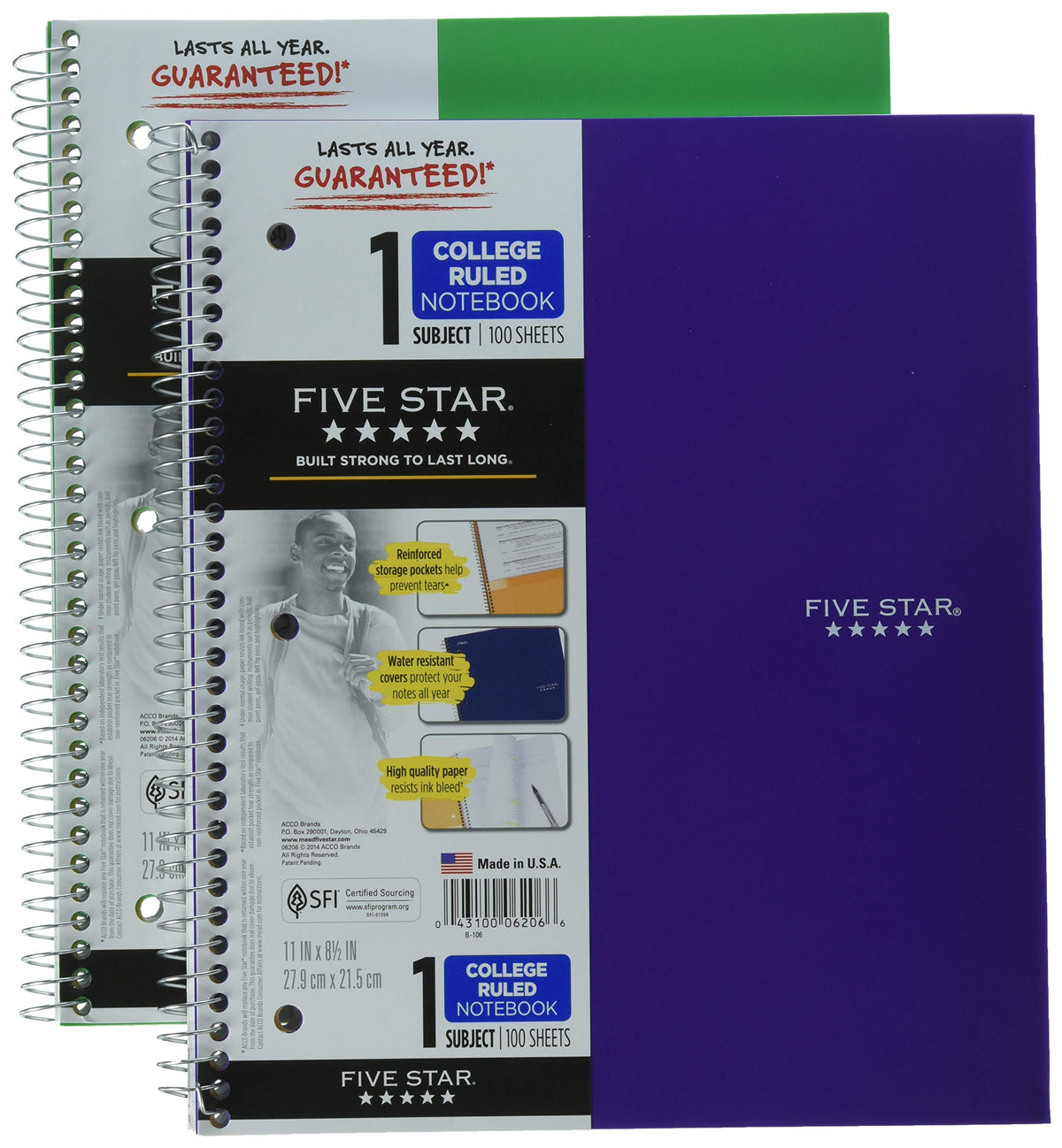 Five Star Spiral Notebooks Plus Study App, 2 Pack, 1-Subject, College Ruled Paper, 11" x 8-1/2"