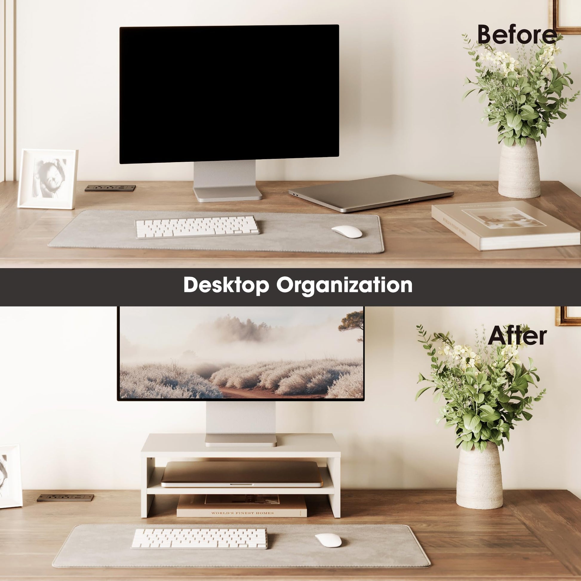 FITUEYES Wooden Monitor Stand Riser, 2-Tier Desk Storage Shelf, White