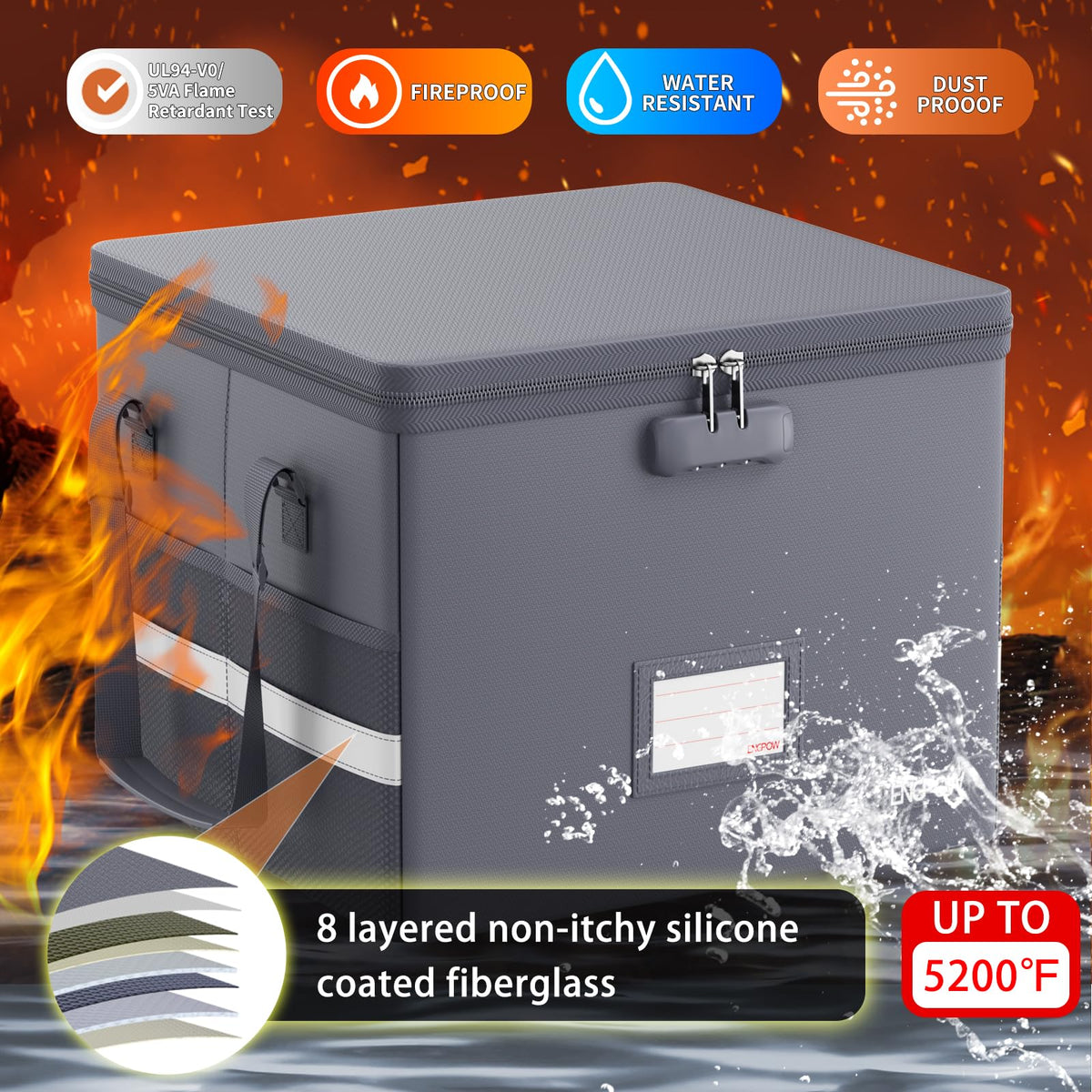 ENGPOW 5200°F File Box Fireproof Document Box with Lock,Heat Insulated Collapsible File Storage