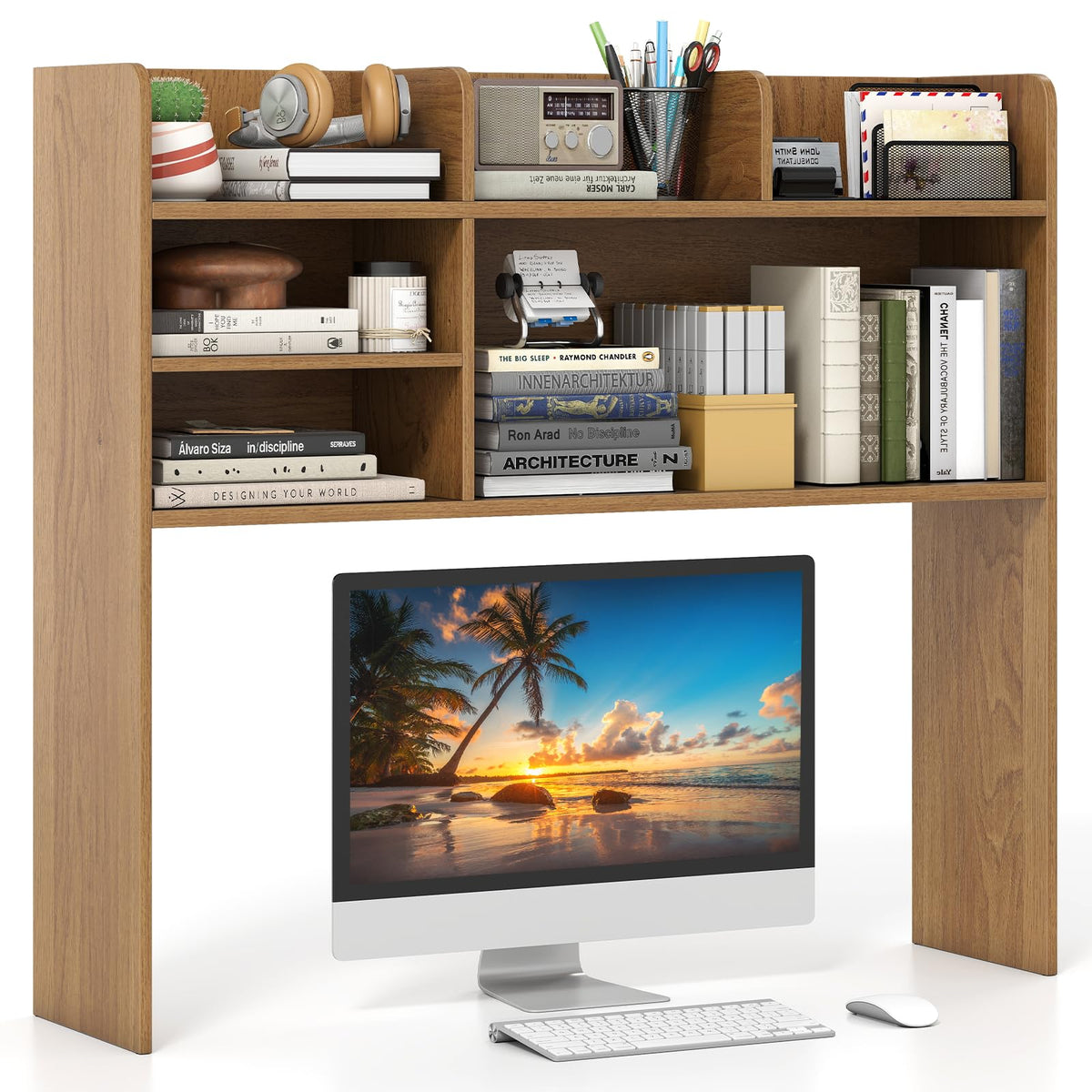 Giantex Desktop Bookshelf, 37" Desk Hutch Dorm for Computer Up to 32 Inch, Countertop Hutch w/6