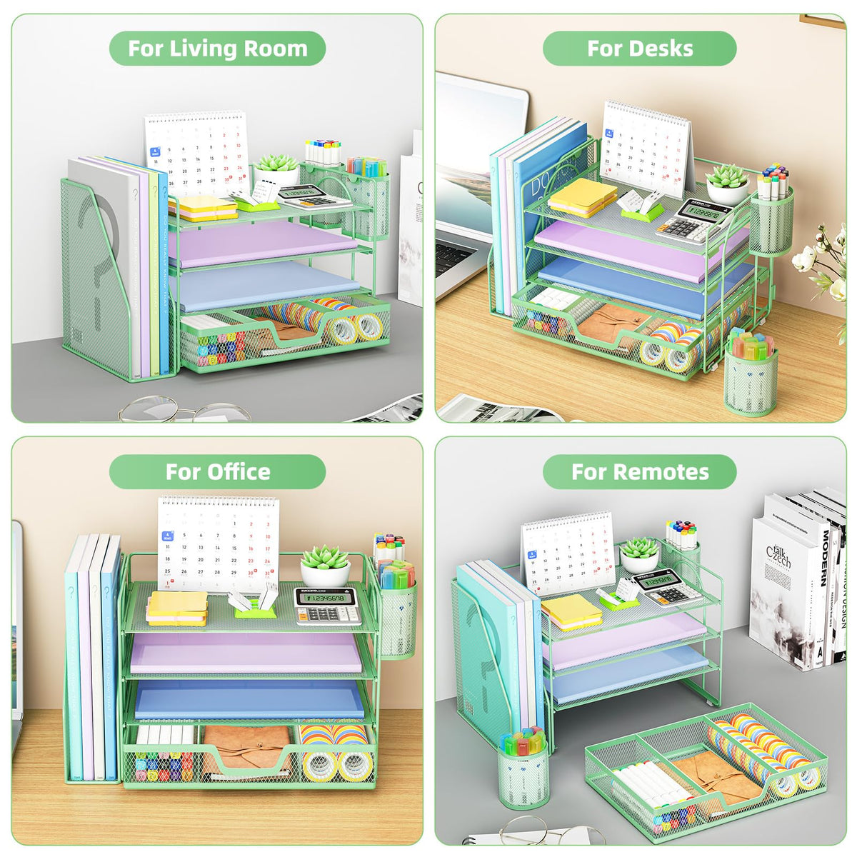Marbrasse 4-Tier Paper Tray Organizer with Drawer and Pen Holder, Green