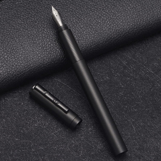 Hongdian H3 Fountain Pen Titanium Black Fine Nib with Bamboo Pen Clip, Black Aluminum Alloy Writing