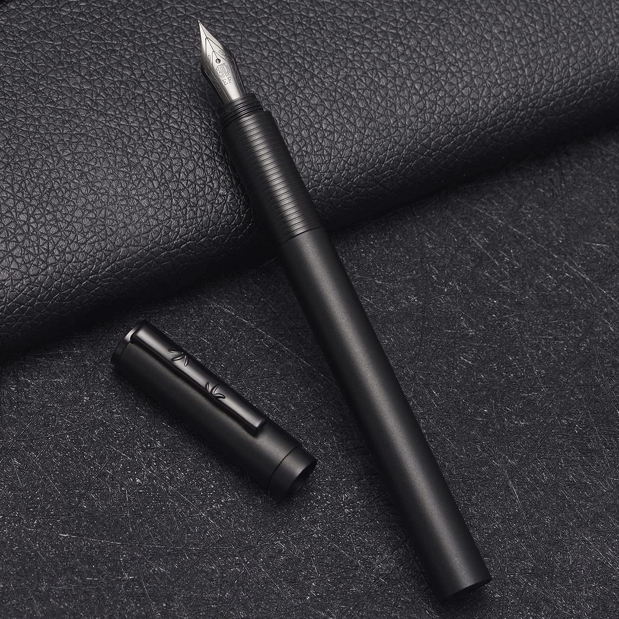 Hongdian H3 Fountain Pen Titanium Black EF Nib with Bamboo Pen Clip, Black Aluminum Alloy Writing