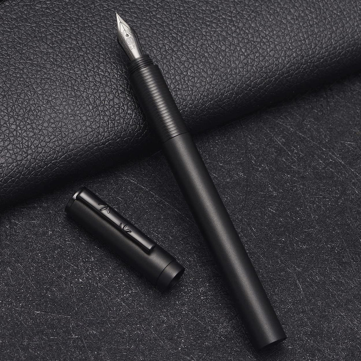 Hongdian H3 Fountain Pen Titanium Black EF Nib with Bamboo Pen Clip, Black Aluminum Alloy Writing
