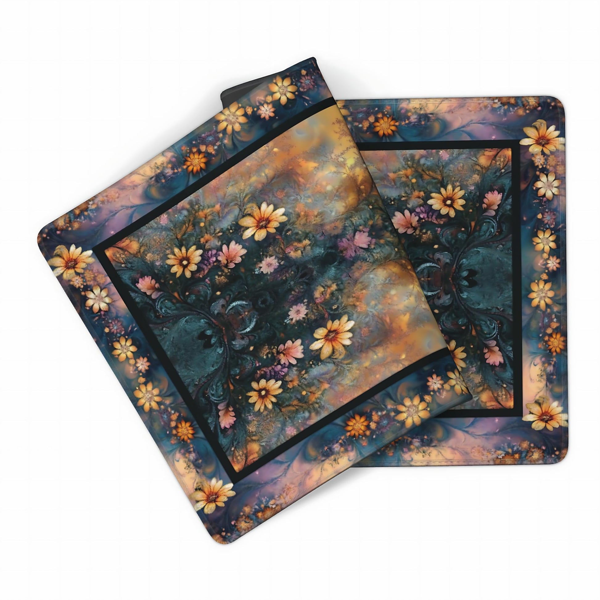 Floral Aesthetic Daisy Gaming Mouse Pad, Gold Blue Rug Desk Mat with Anti-Slip Base & Stitched