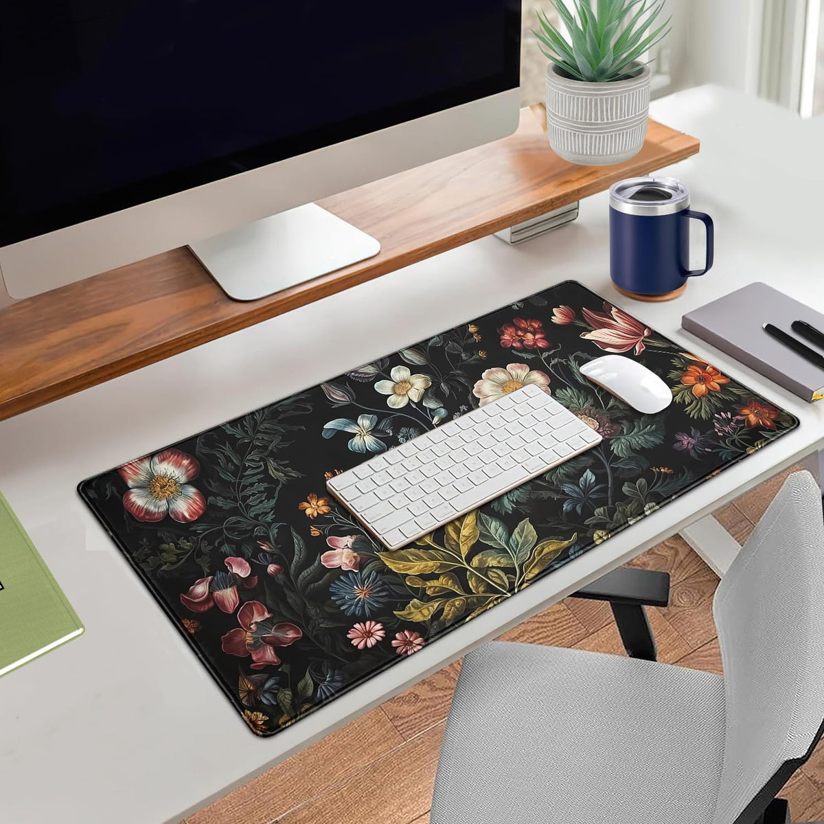 Floral Desk Mat Dark Academia Vintage Aesthetic Desk Pad Flower Plant Large Gaming Mousepad Black