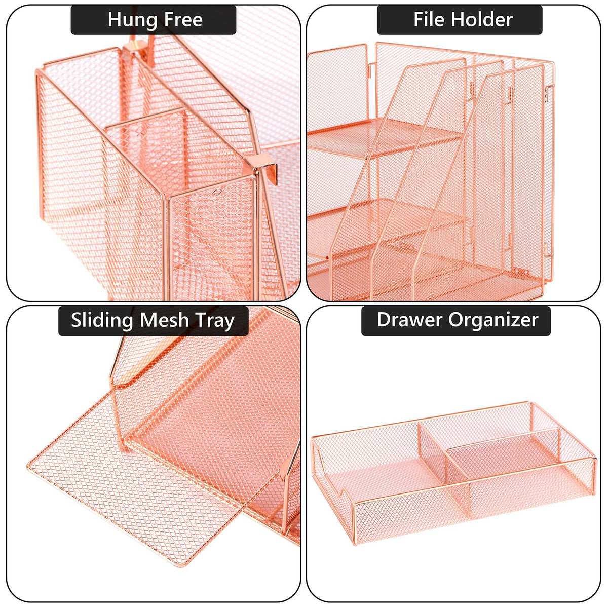 Topwey Rose Gold Desk Accessories, Office Supplies Desk Organizer Caddy with Sliding Drawer, Double