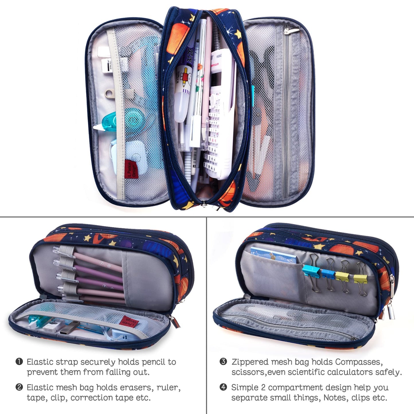 LParkin Galaxy Pencil Case for Boys Super Large Capacity 3 Compartments Space Pencil Pouch Space